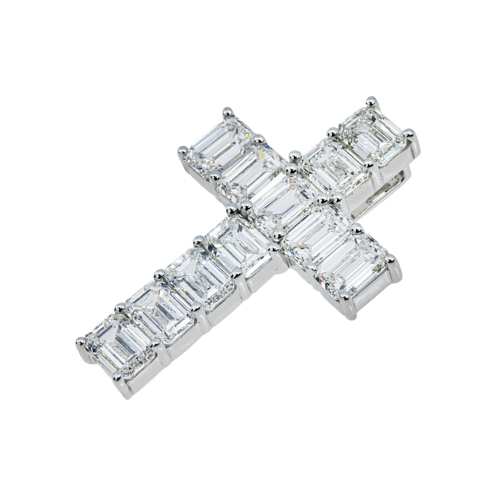 14K White Gold Emerald Cut Diamond Cross Pendant 5.51ct