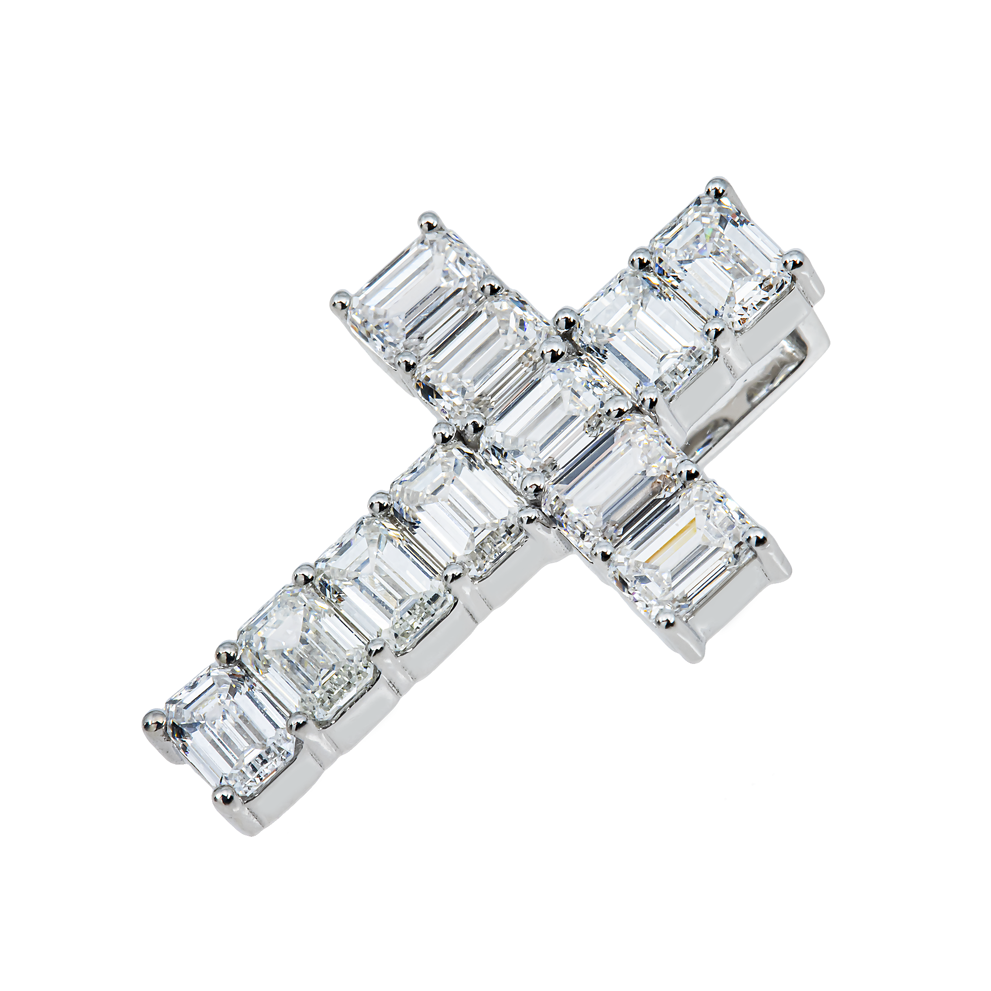 14K White Gold Emerald Cut Diamond Cross Pendant 2.50ct