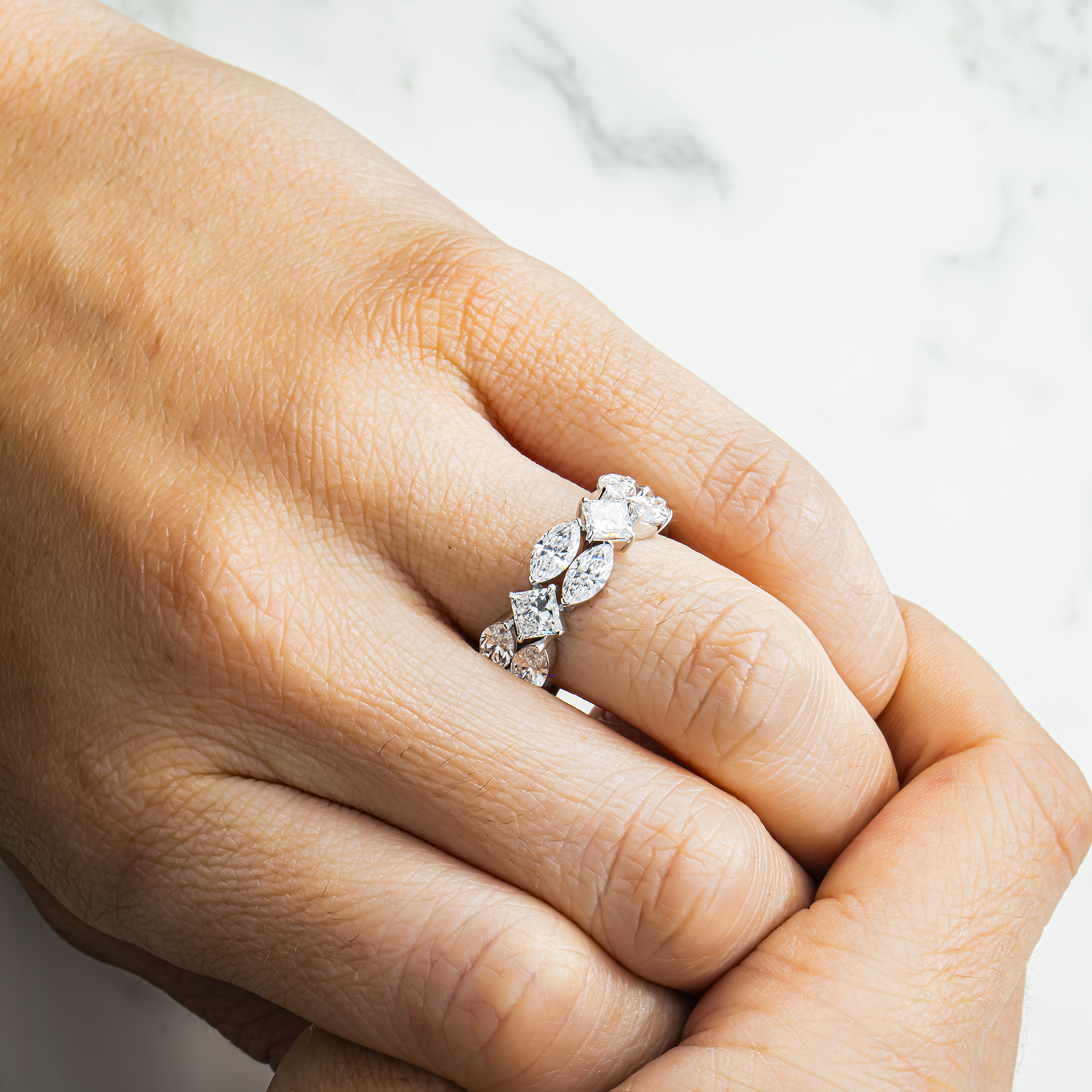 14K White Gold Double Row Marquise & Princess Cut Diamond Eternity Ring 6.39ct (Size 6)