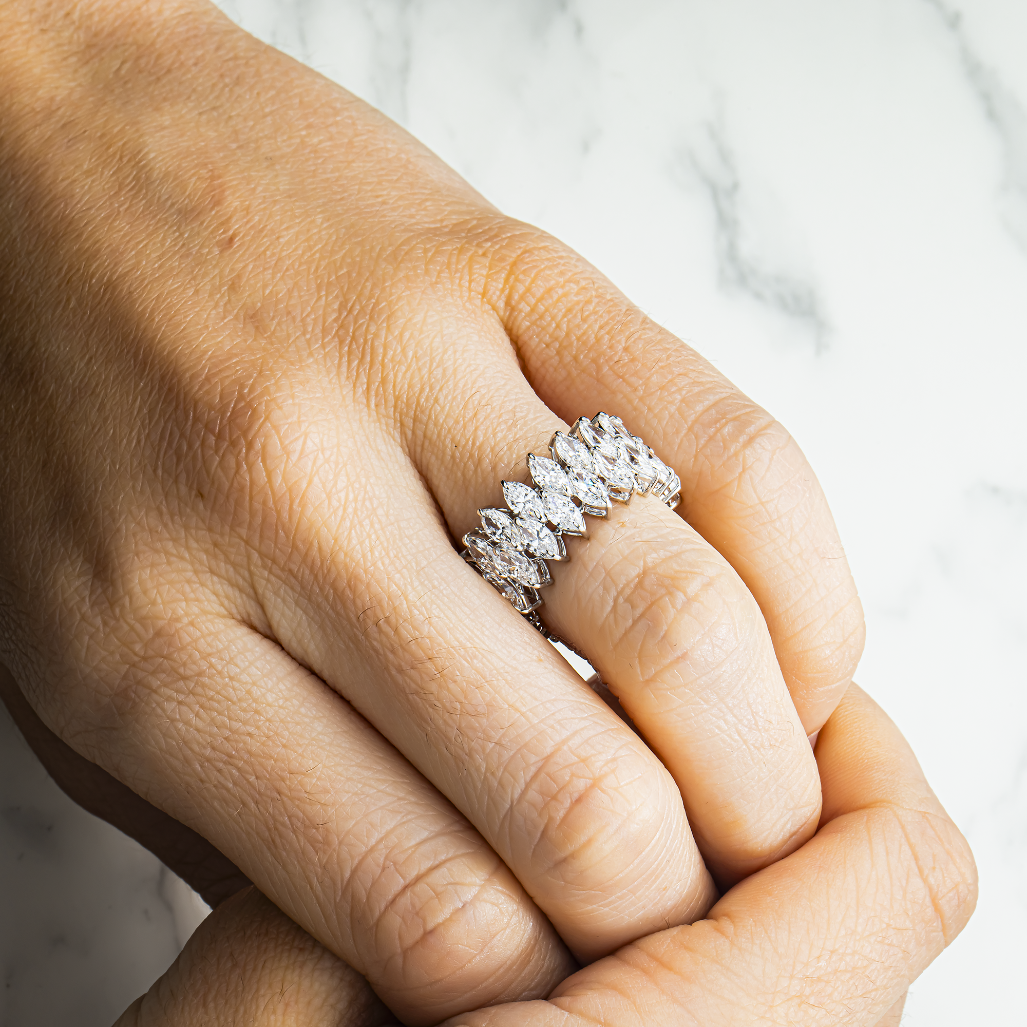 14K White Gold Double Row Marquise Cut Diamond Eternity Ring