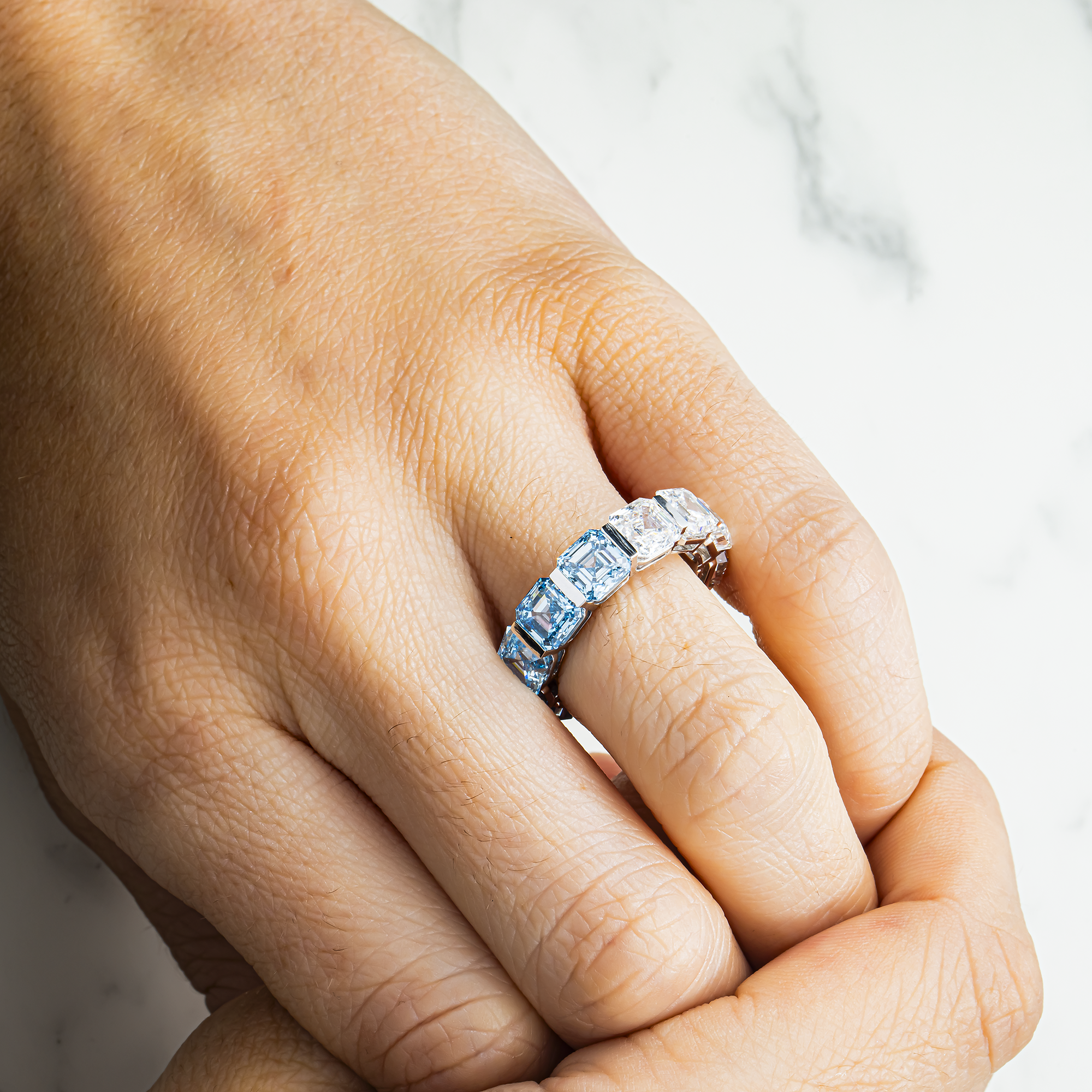 14K White Gold Asscher Cut Fancy Blue & White Diamond Eternity Ring 12.38ct (Size 6)