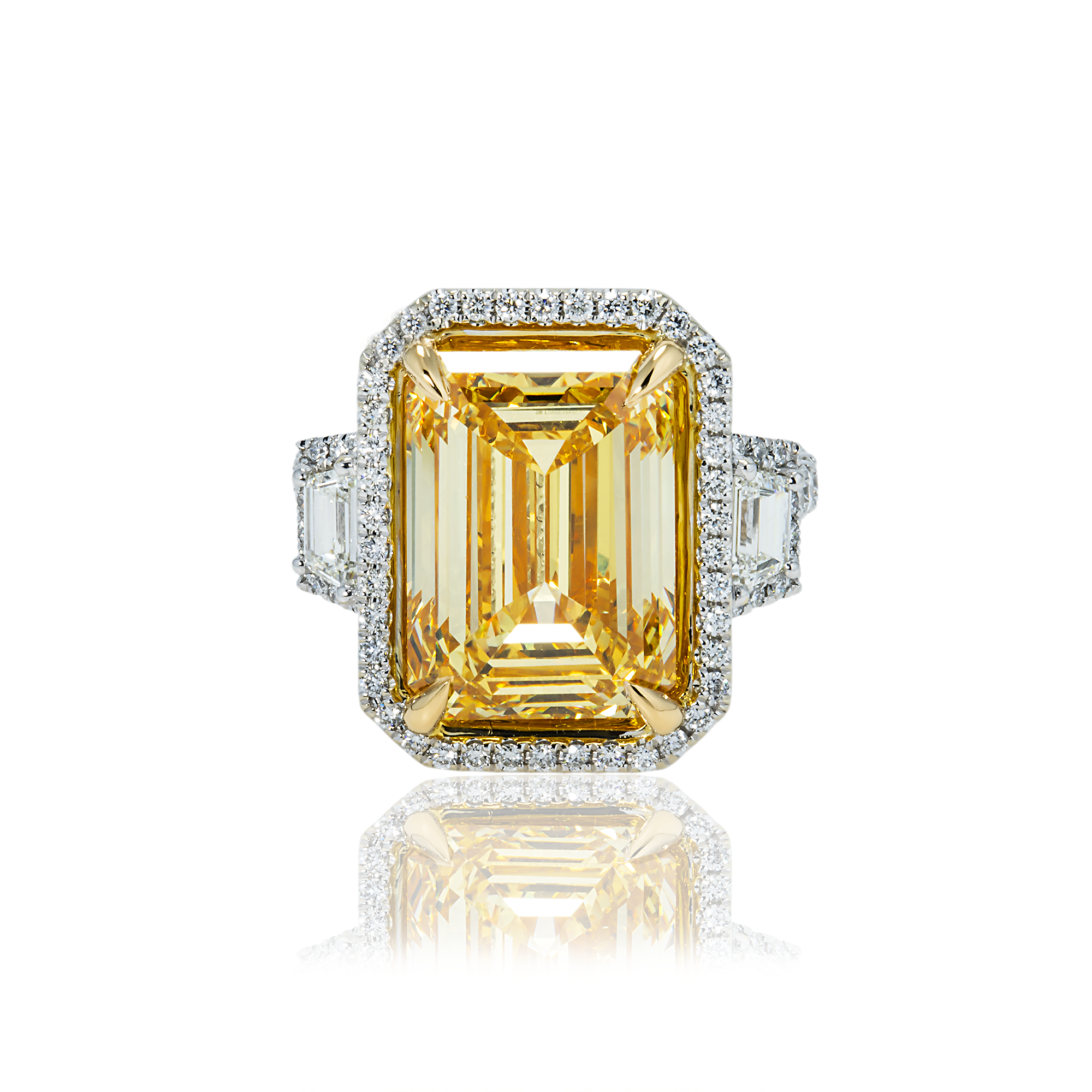 18K White Gold 10.51ct Emerald Cut Fancy Vivid Yellow Diamond Ring 11.93ctw