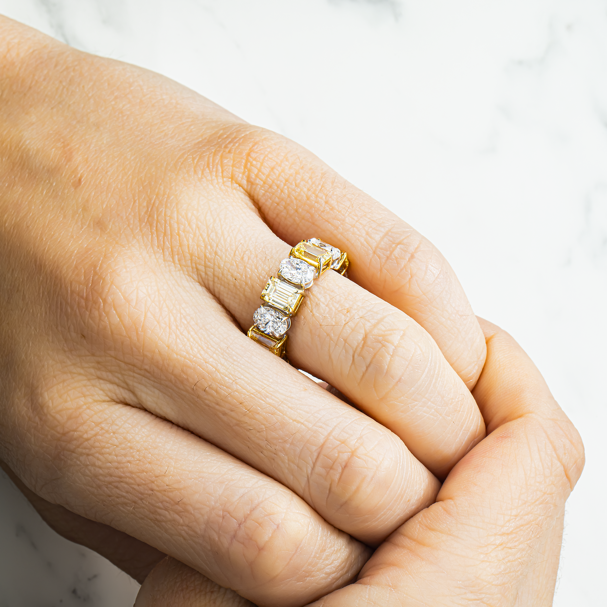 14K Two Tone Multi Cut Fancy Yellow & White Diamond Eternity Ring 8.16ct (Size 6)