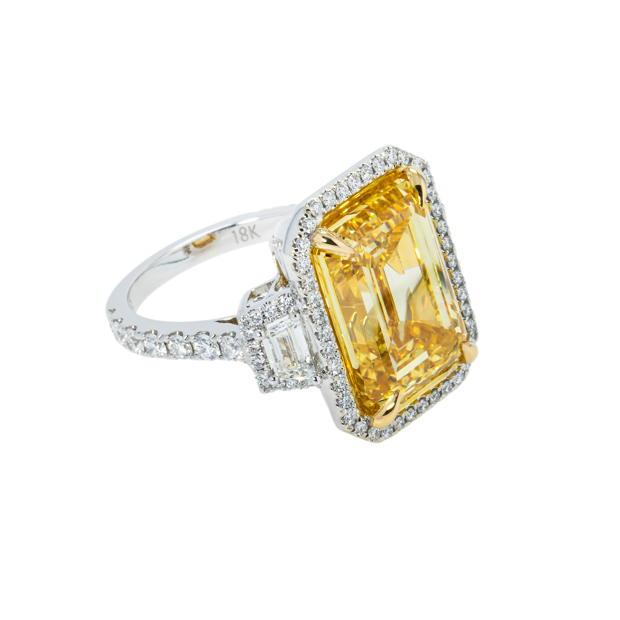 18K White Gold 10.51ct Emerald Cut Fancy Vivid Yellow Diamond Ring 11.93ctw