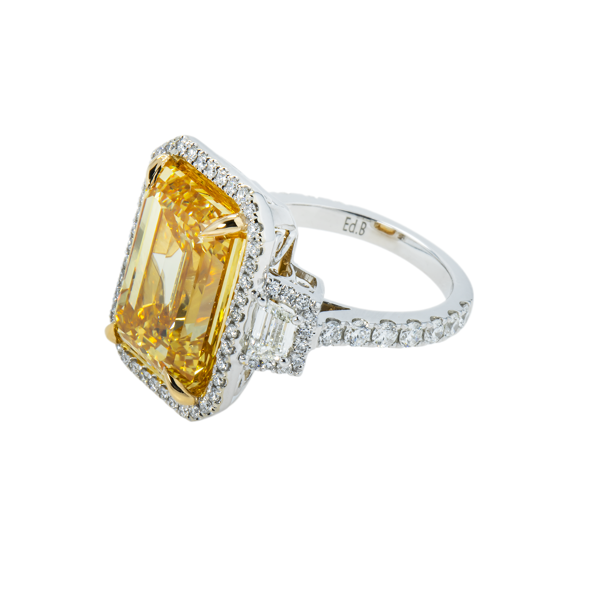 18K White Gold 10.51ct Emerald Cut Fancy Vivid Yellow Diamond Ring 11.93ctw