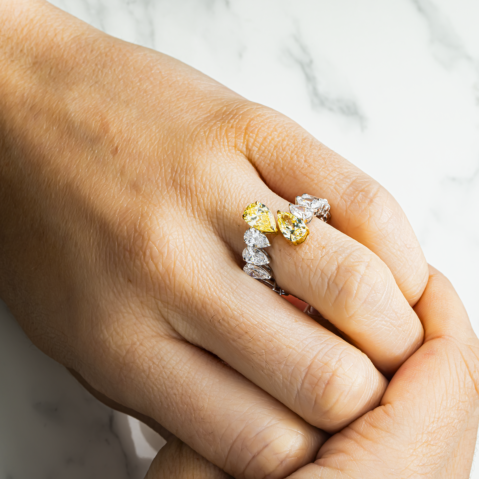 14K Two Tone Pear Cut Fancy Yellow & White Diamond Wrap Ring 6.82ct