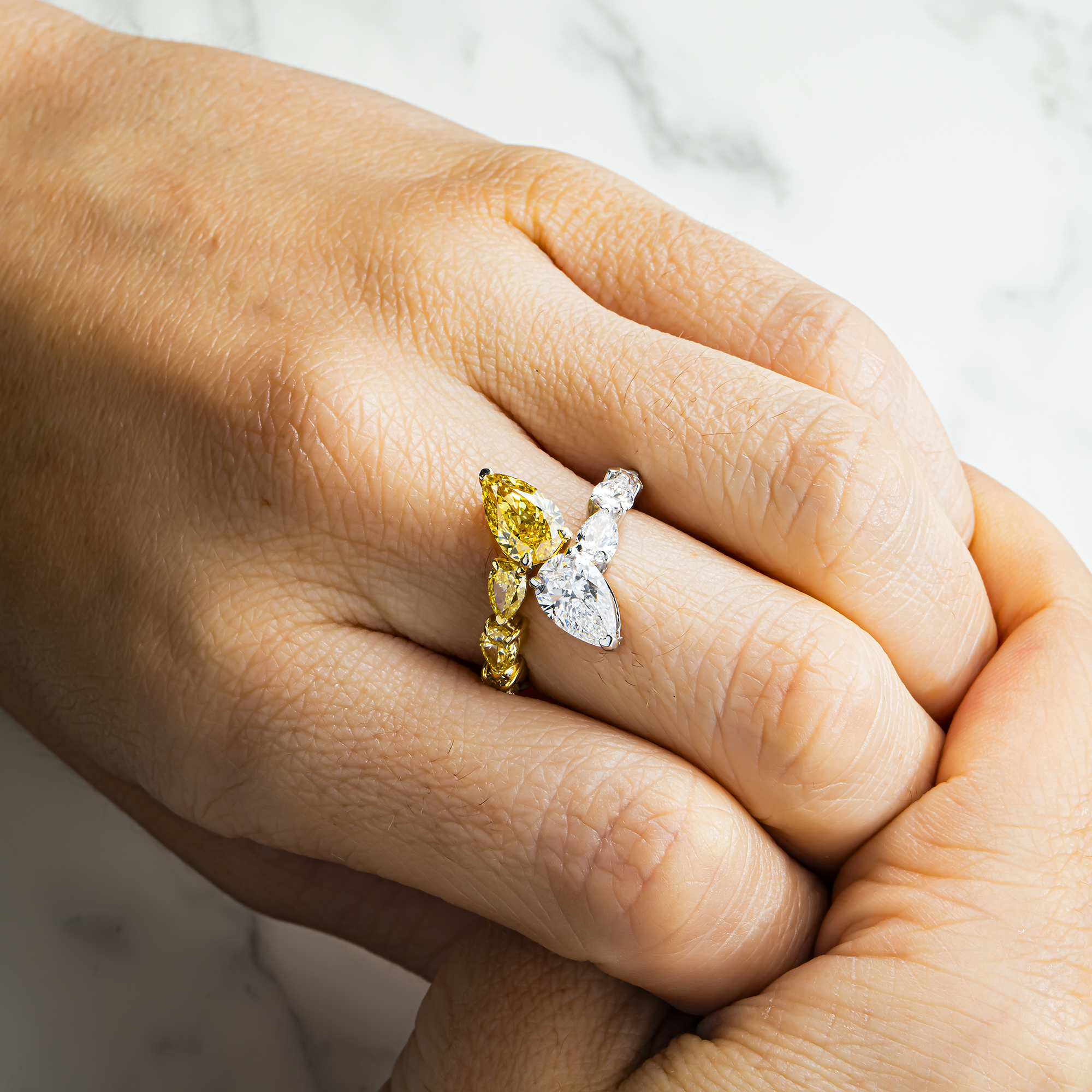 14K Two Tone Pear Cut Fancy Yellow & White Diamond Wrap Ring 4.35ct