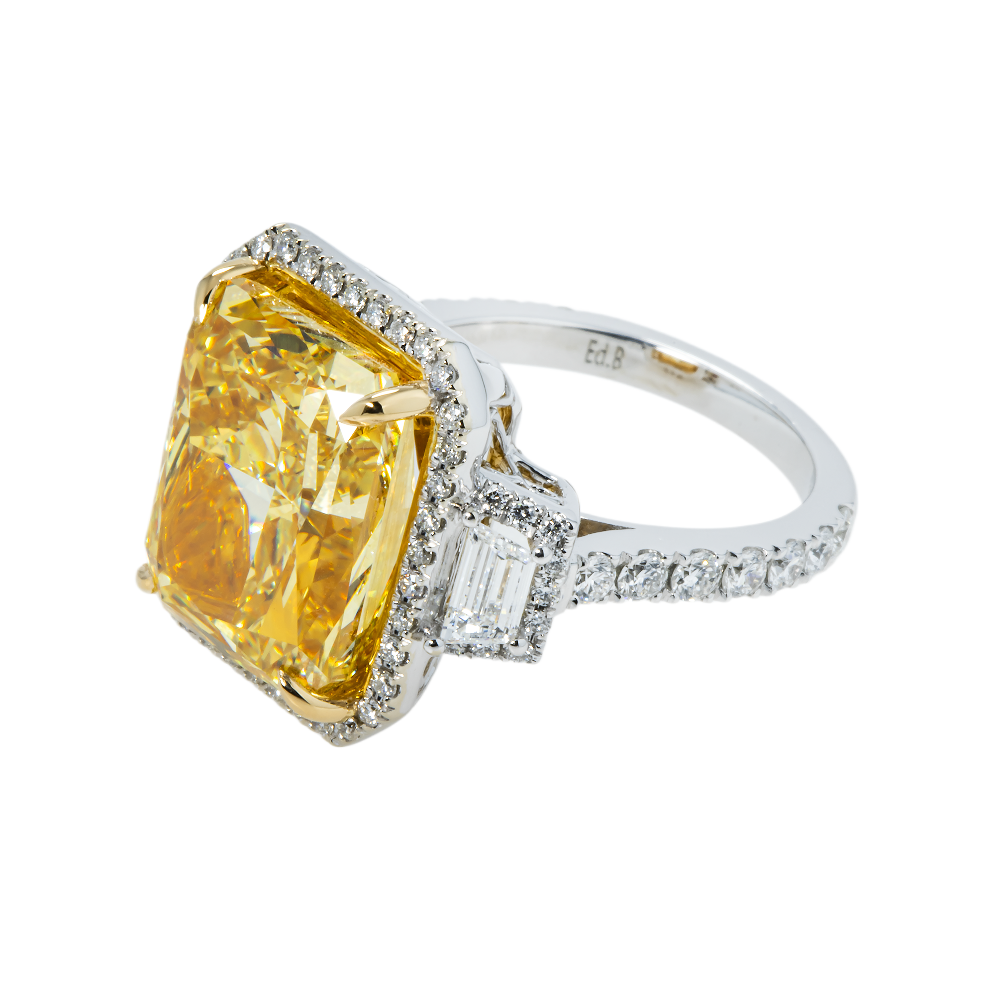 Platinum 12.65ct Radiant Cut Fancy Vivid Yellow Diamond Ring 15.41ctw