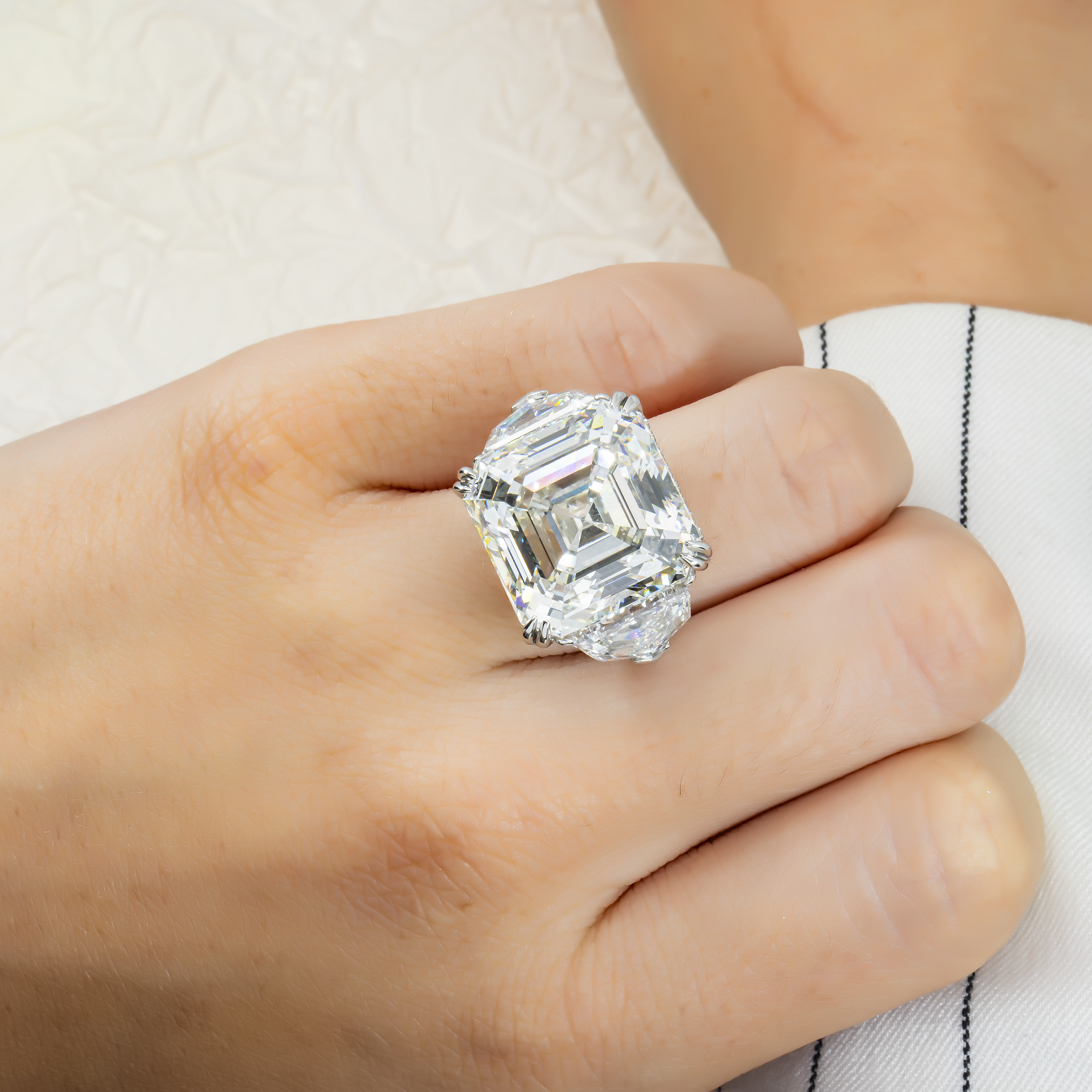 Platinum 30.48Ct Asscher Cut Triple Diamond Engagement Ring 36.17Ctw Bridal