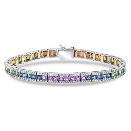 14K White Gold Princess Cut Rainbow Gemstone & Diamond Bracelet