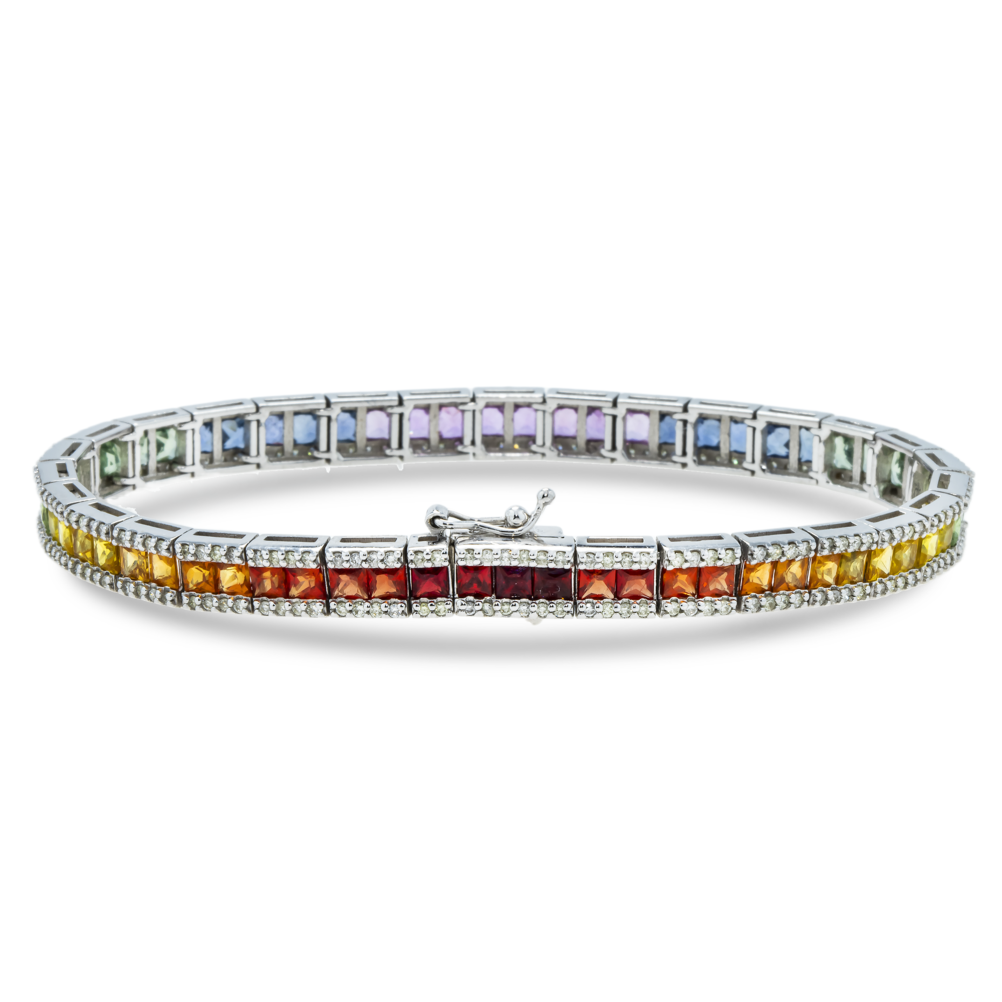 14K White Gold Princess Cut Rainbow Gemstone & Diamond Bracelet Bracelets