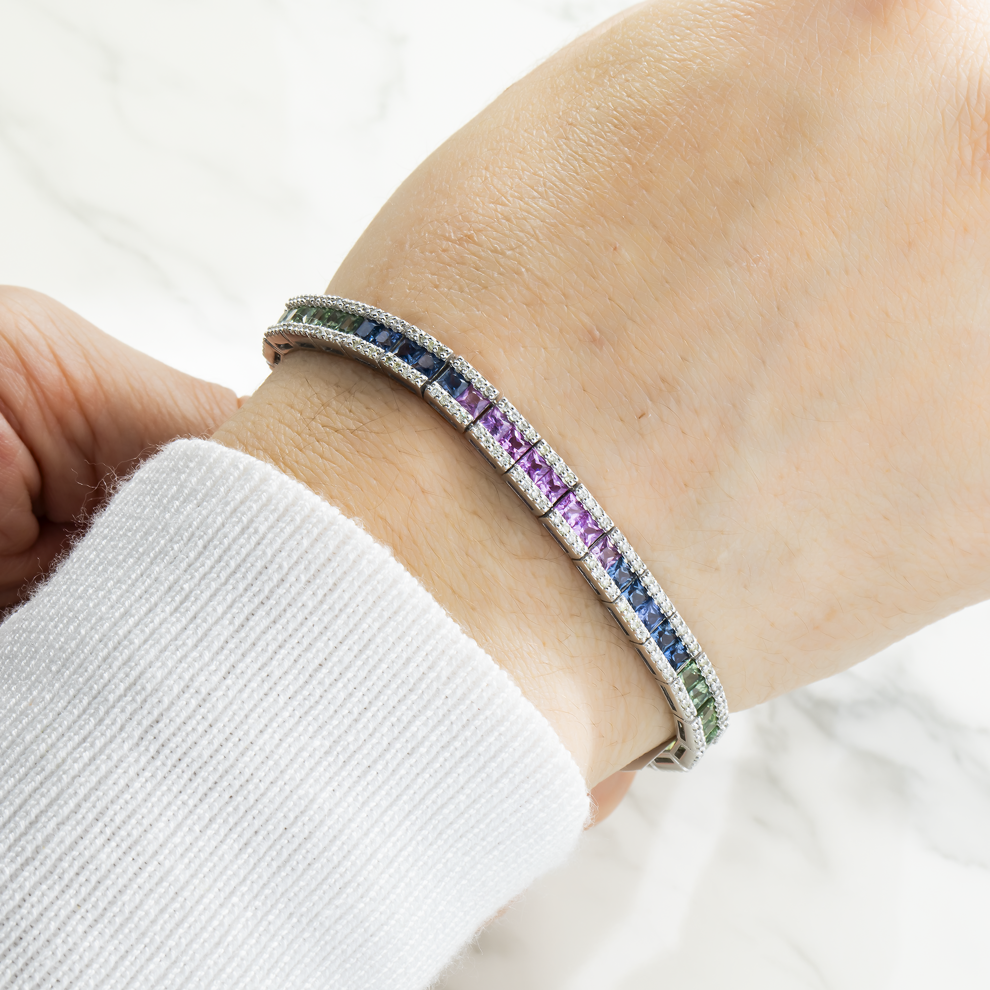14K White Gold Princess Cut Rainbow Gemstone & Diamond Bracelet Bracelets