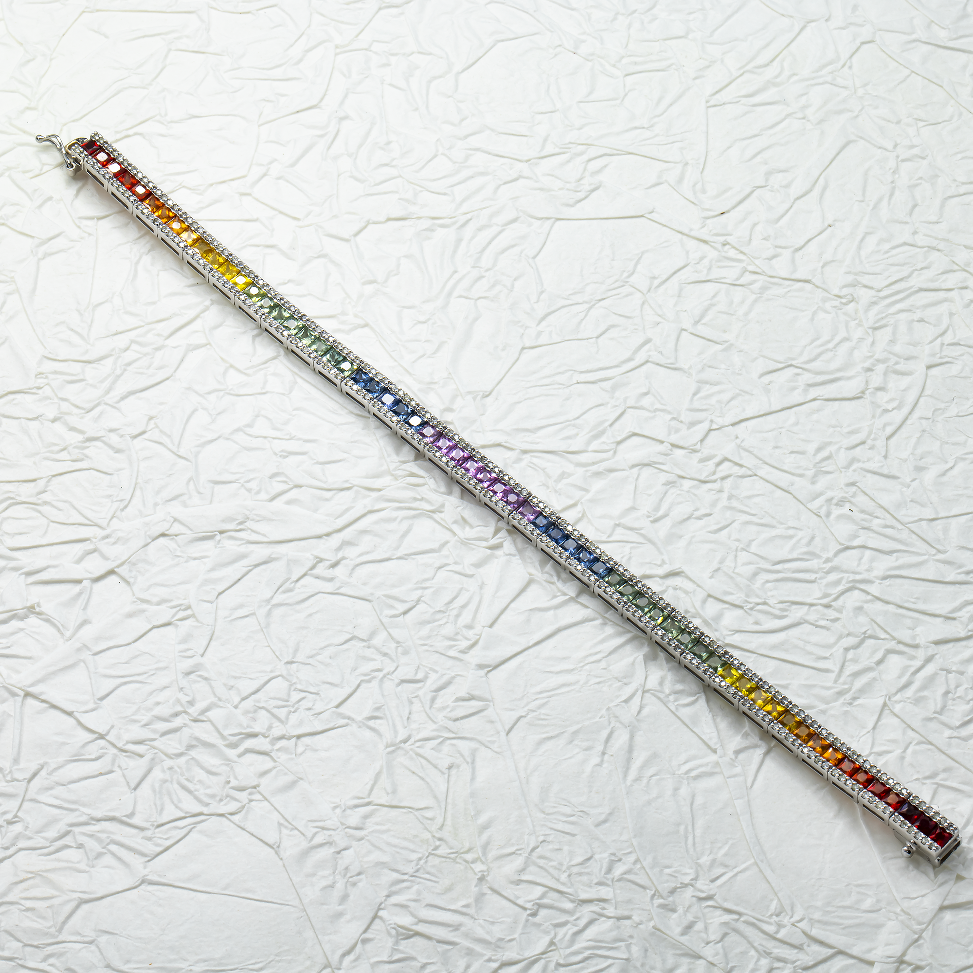 14K White Gold Princess Cut Rainbow Gemstone & Diamond Bracelet Bracelets