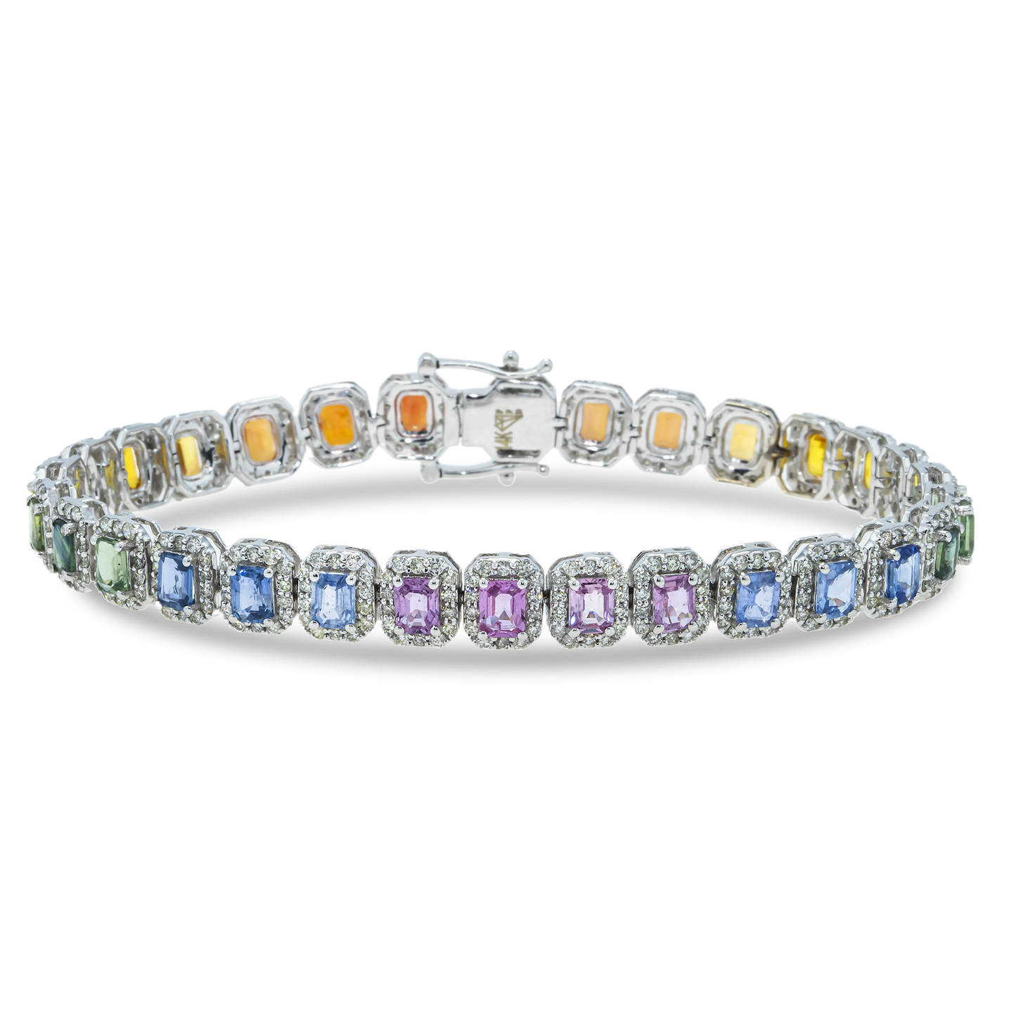 14K White Gold Rainbow Emerald Cut Gemstone & Diamond Bracelet