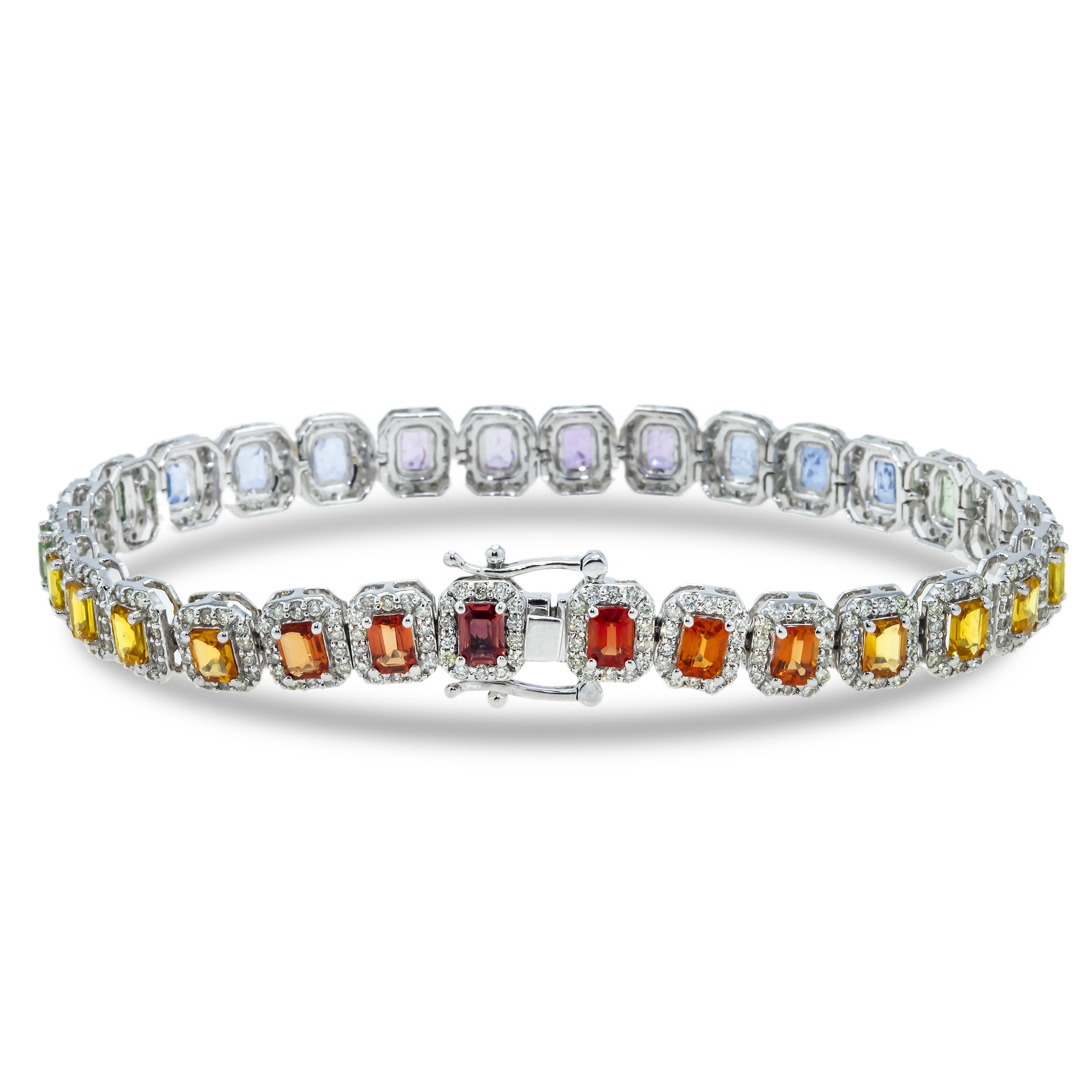 14K White Gold Rainbow Emerald Cut Gemstone & Diamond Bracelet Bracelets