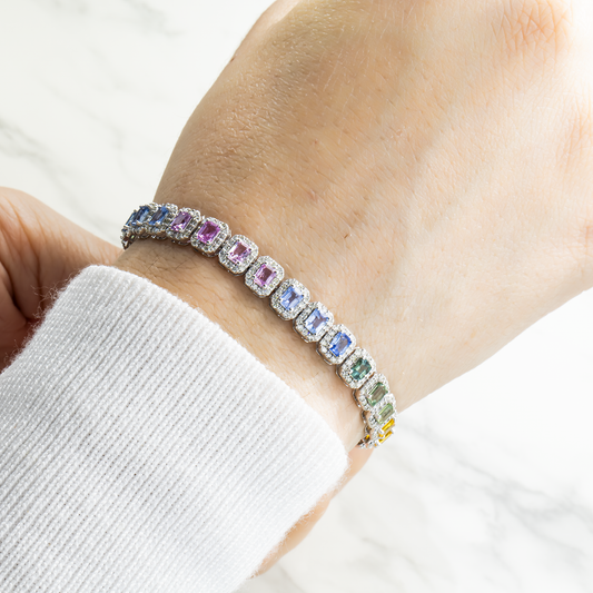 14K White Gold Rainbow Emerald Cut Gemstone & Diamond Bracelet