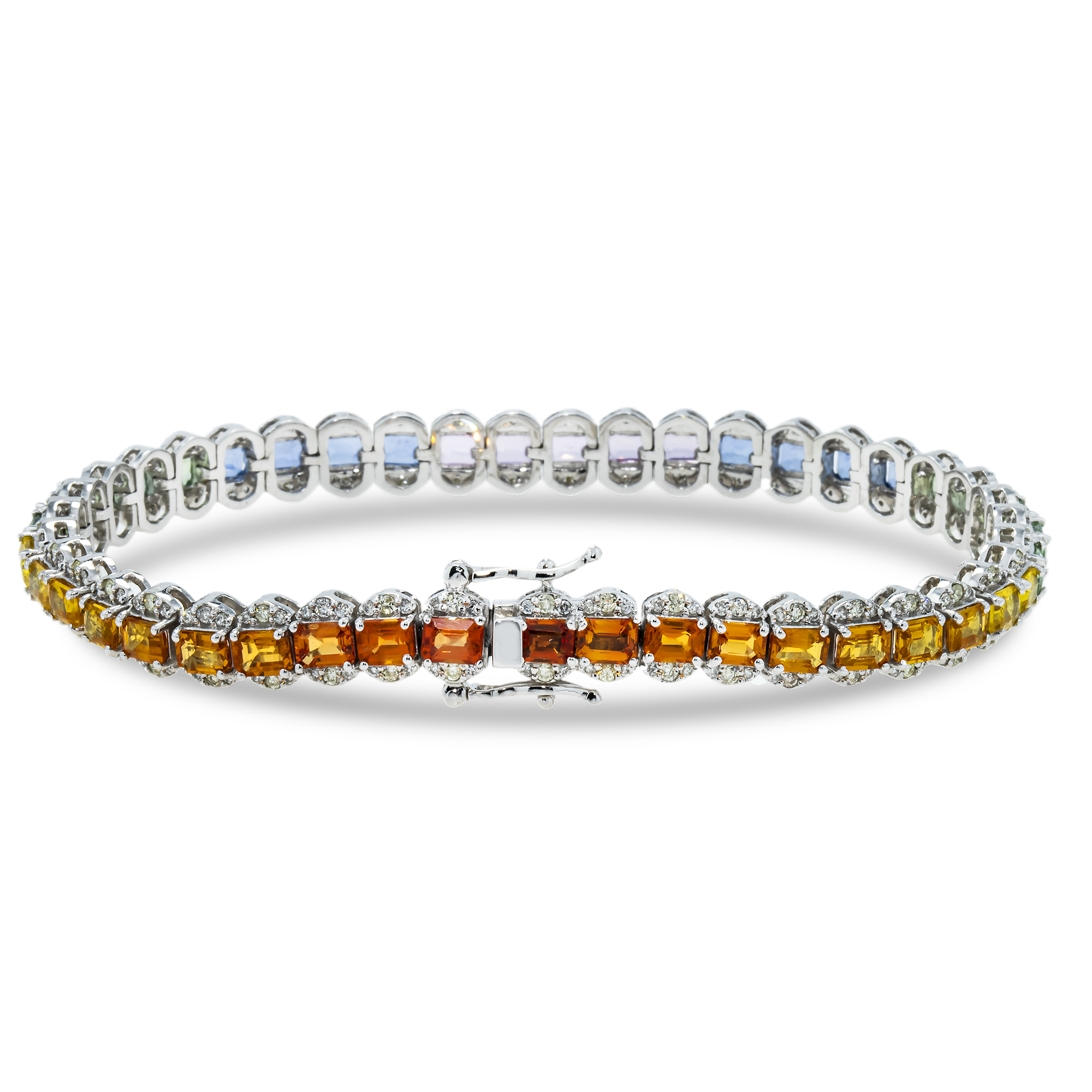 14K White Gold Emerald Cut Rainbow Gemstone & Diamond Bracelet Bracelets