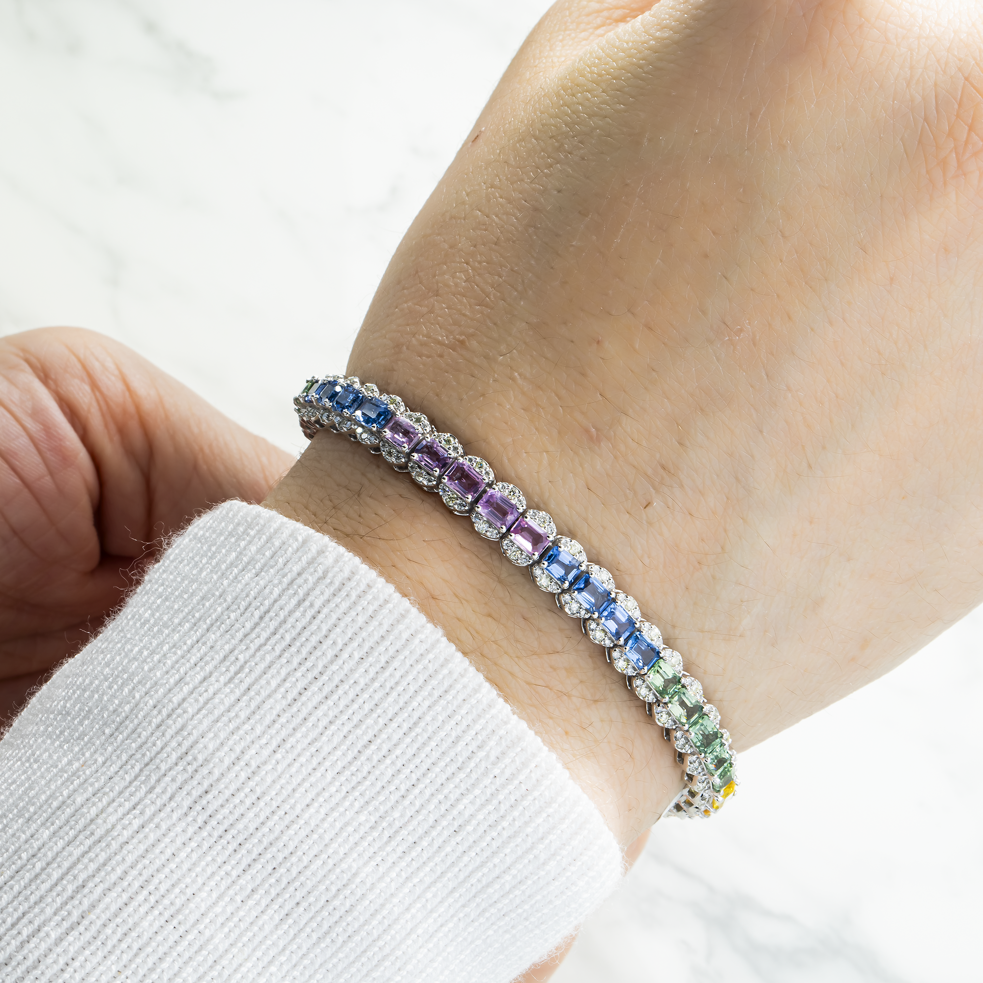 14K White Gold Emerald Cut Rainbow Gemstone & Diamond Bracelet Bracelets