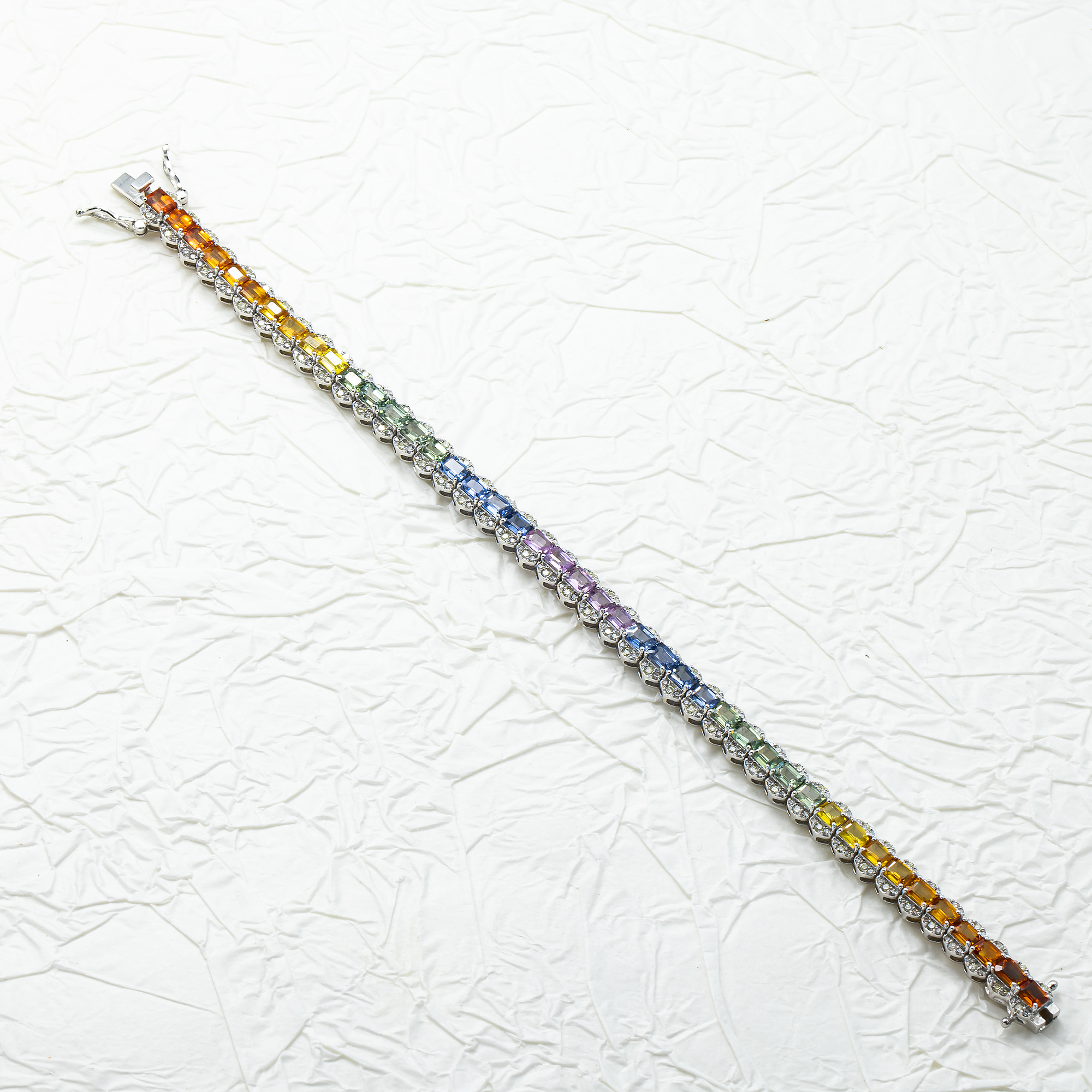 14K White Gold Emerald Cut Rainbow Gemstone & Diamond Bracelet Bracelets
