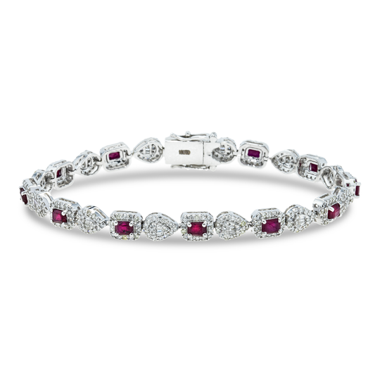 14K White Gold Emerald Cut Ruby & Diamond Bracelet