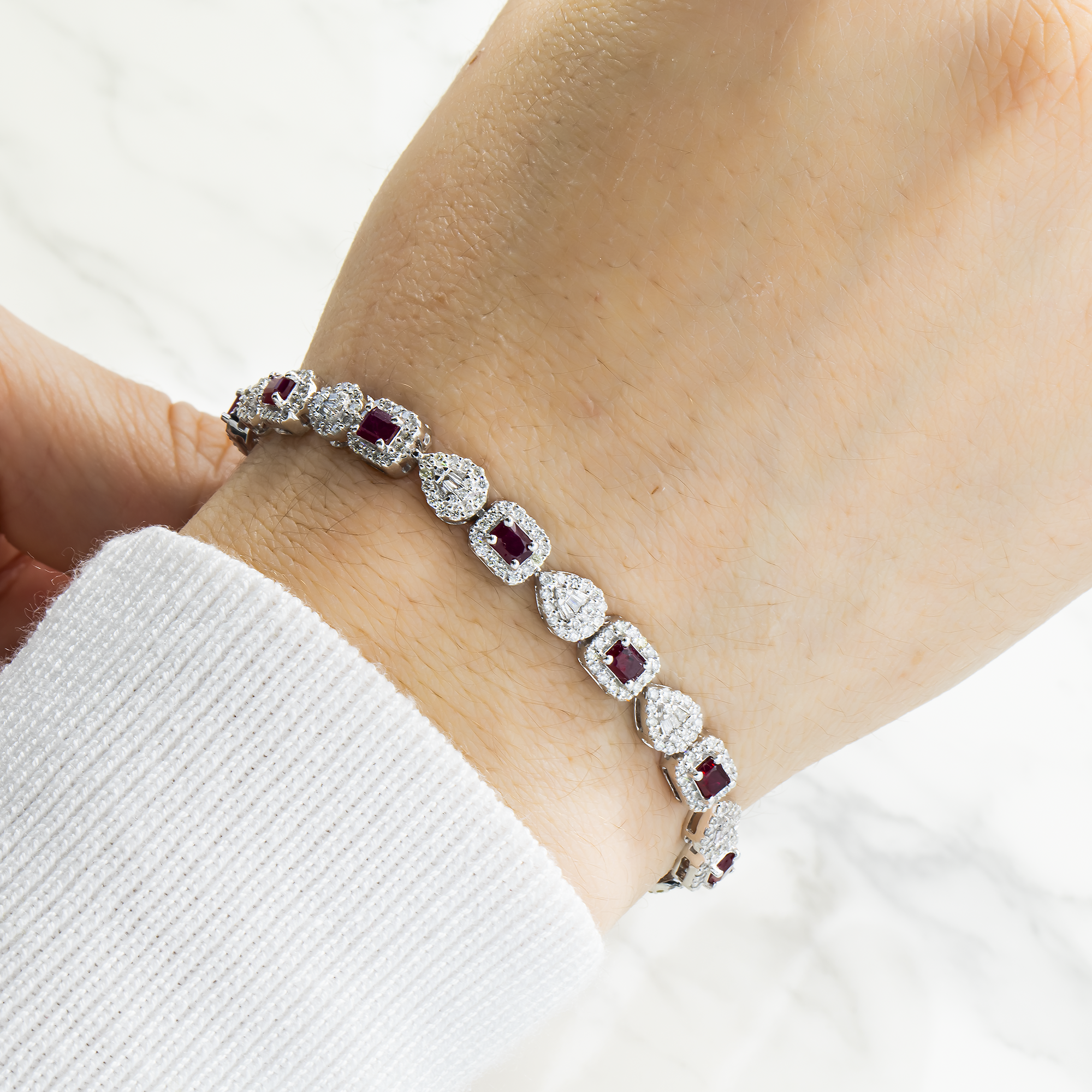 14K White Gold Emerald Cut Ruby & Diamond Bracelet Bracelets