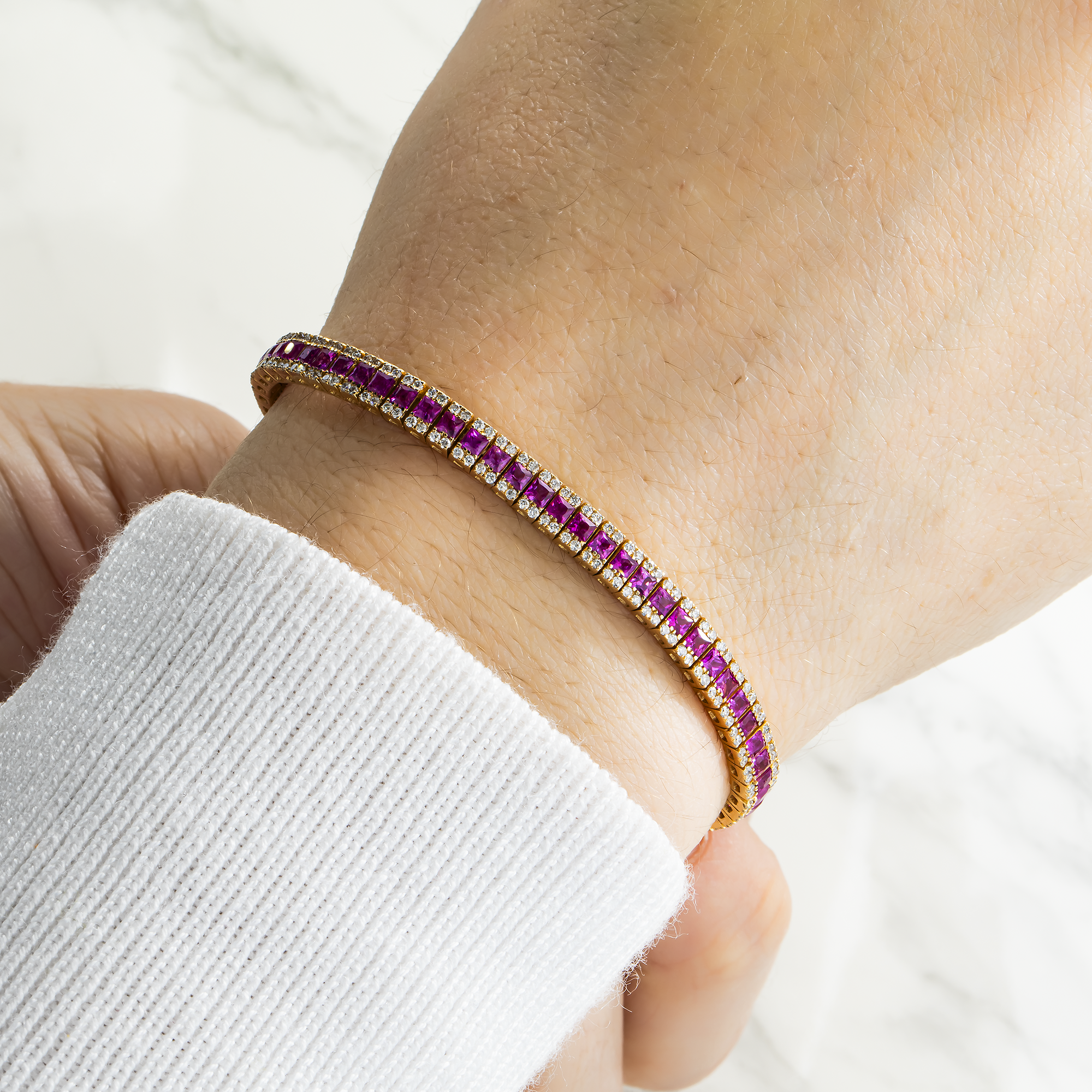 14K Yellow Gold Princess Cut Ruby & Round Diamond Bracelet Bracelets