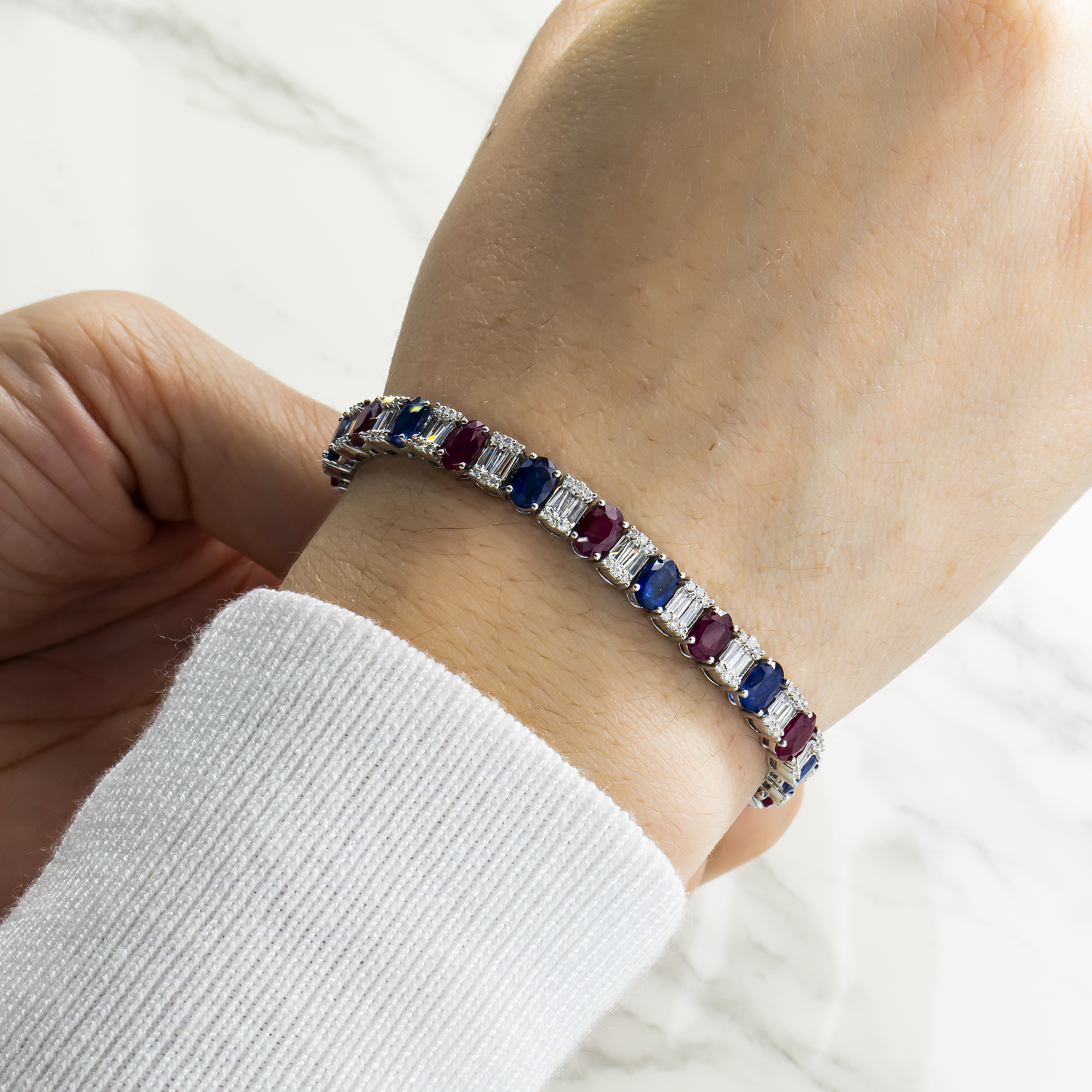 14K White Gold Sapphire/Ruby Gemstone & Diamond Bracelet Bracelets