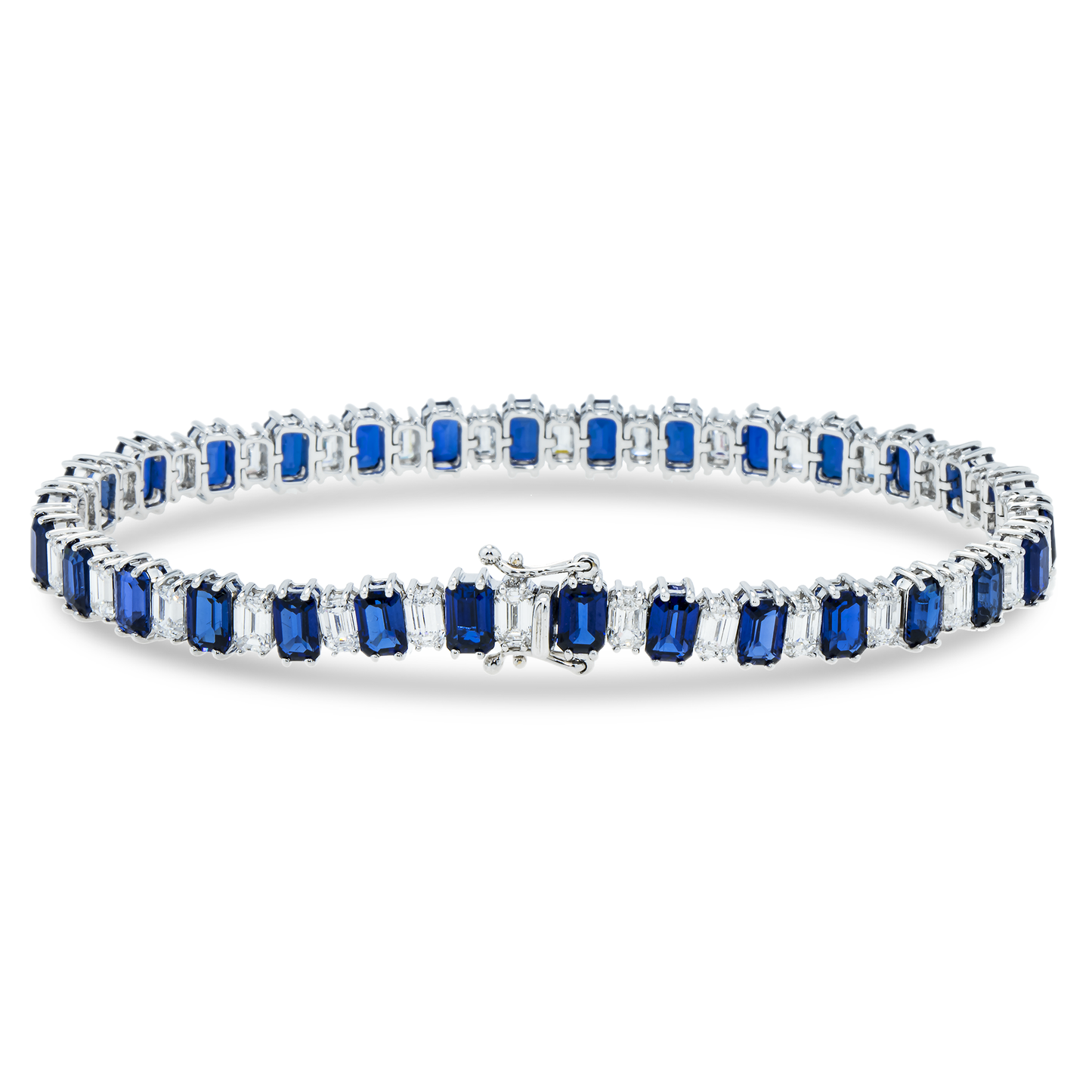 18K White Gold Emerald Cut Sapphire & Diamond Bracelet