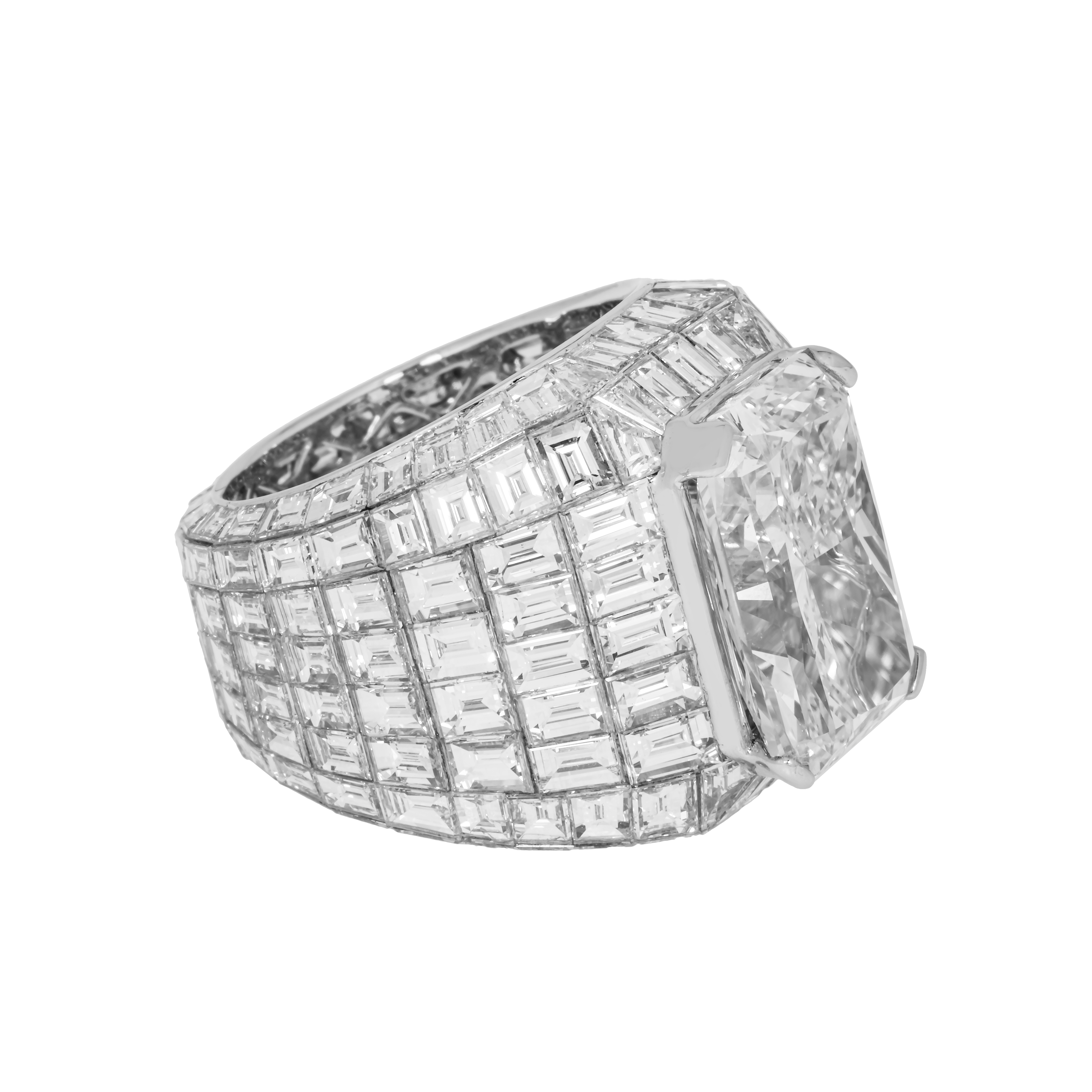 18K White Gold Radiant & Emerald Cut Chandelier Ring 32.01Ctw Bridal