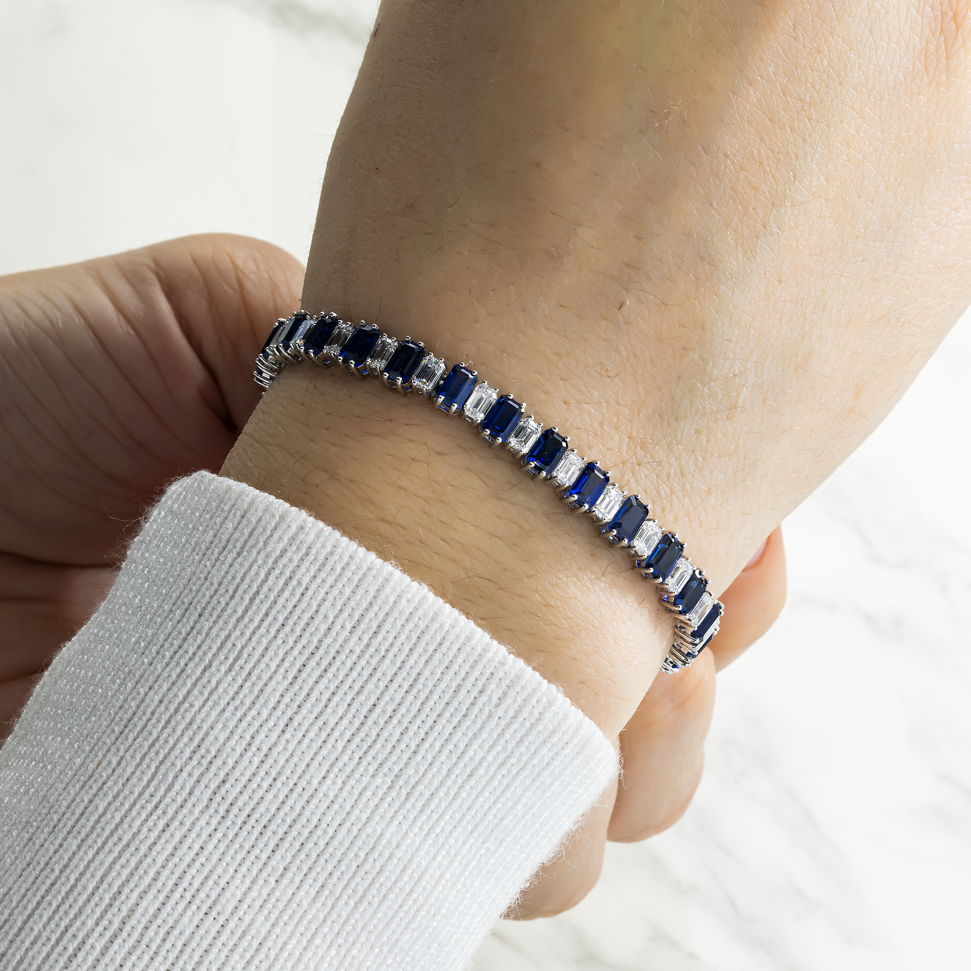 18K White Gold Emerald Cut Sapphire & Diamond Bracelet Bracelets