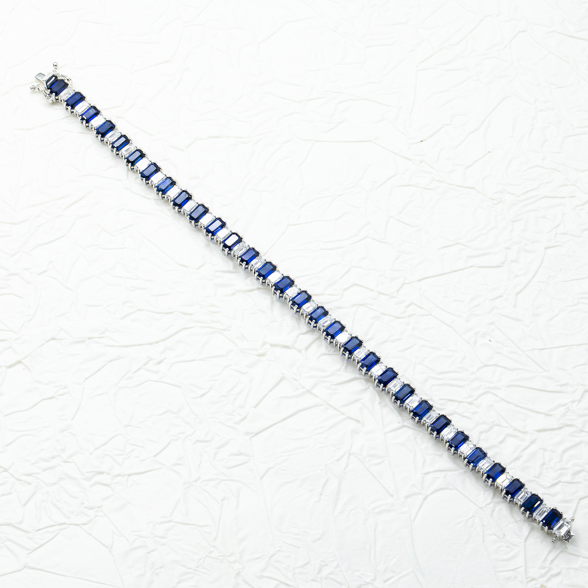 18K White Gold Emerald Cut Sapphire & Diamond Bracelet Bracelets