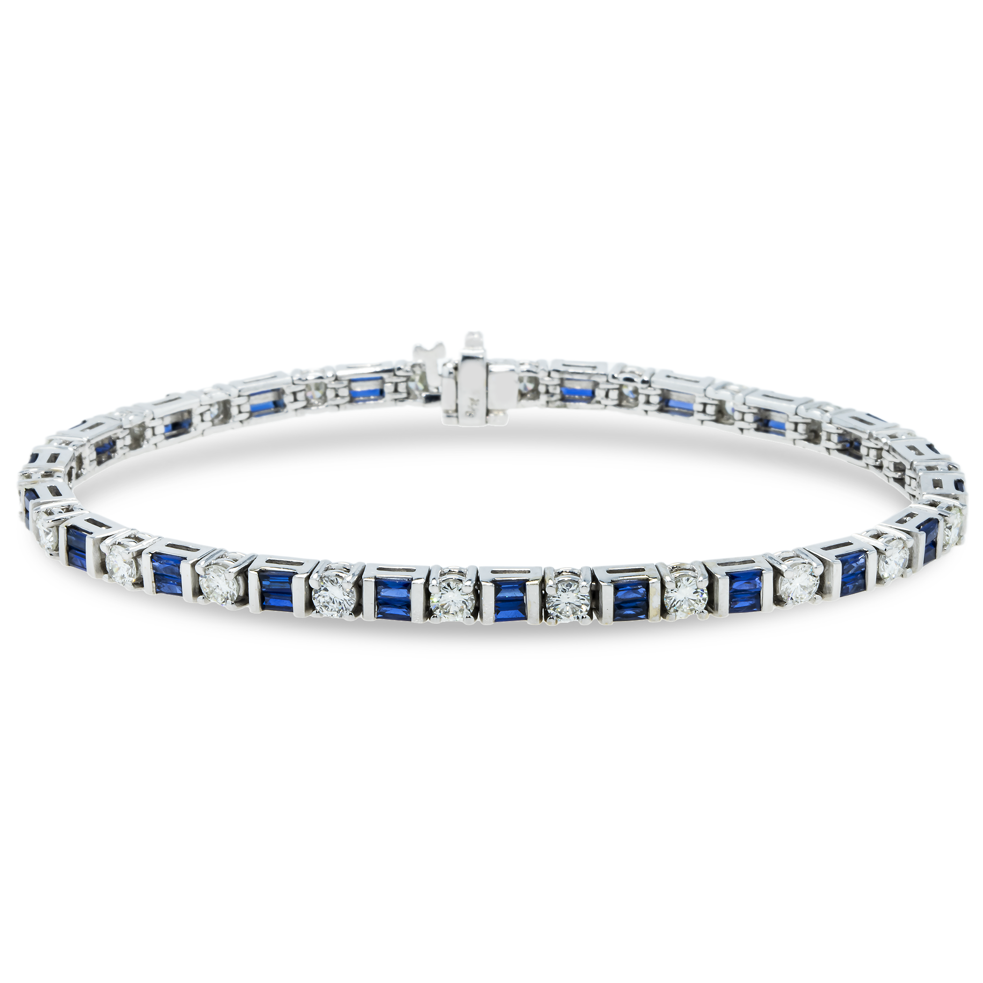 14K White Gold Baguette Cut Sapphire & Round Diamond Bracelet Bracelets