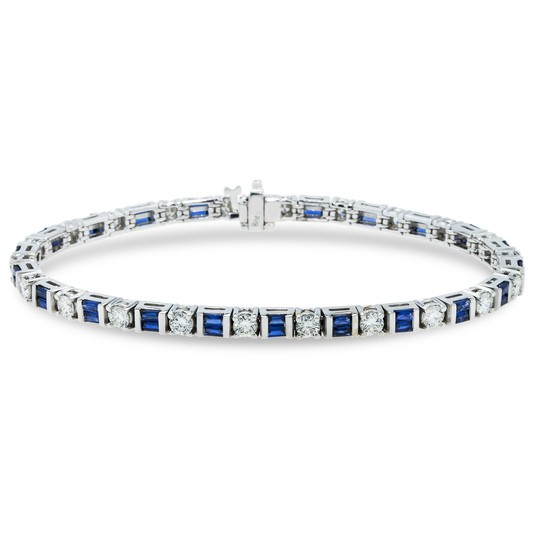 14K White Gold Baguette Cut Sapphire & Round Diamond Bracelet