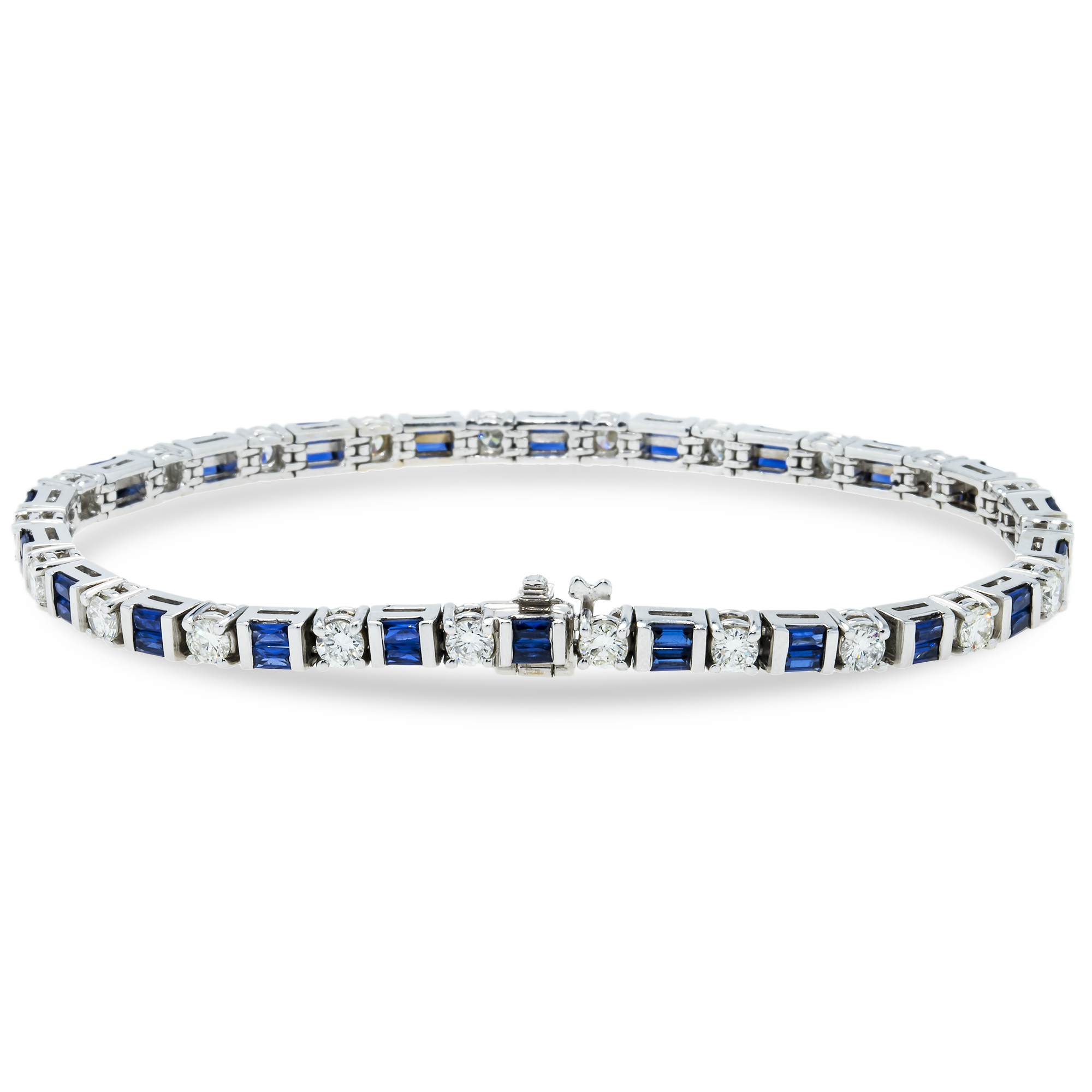 14K White Gold Baguette Cut Sapphire & Round Diamond Bracelet Bracelets
