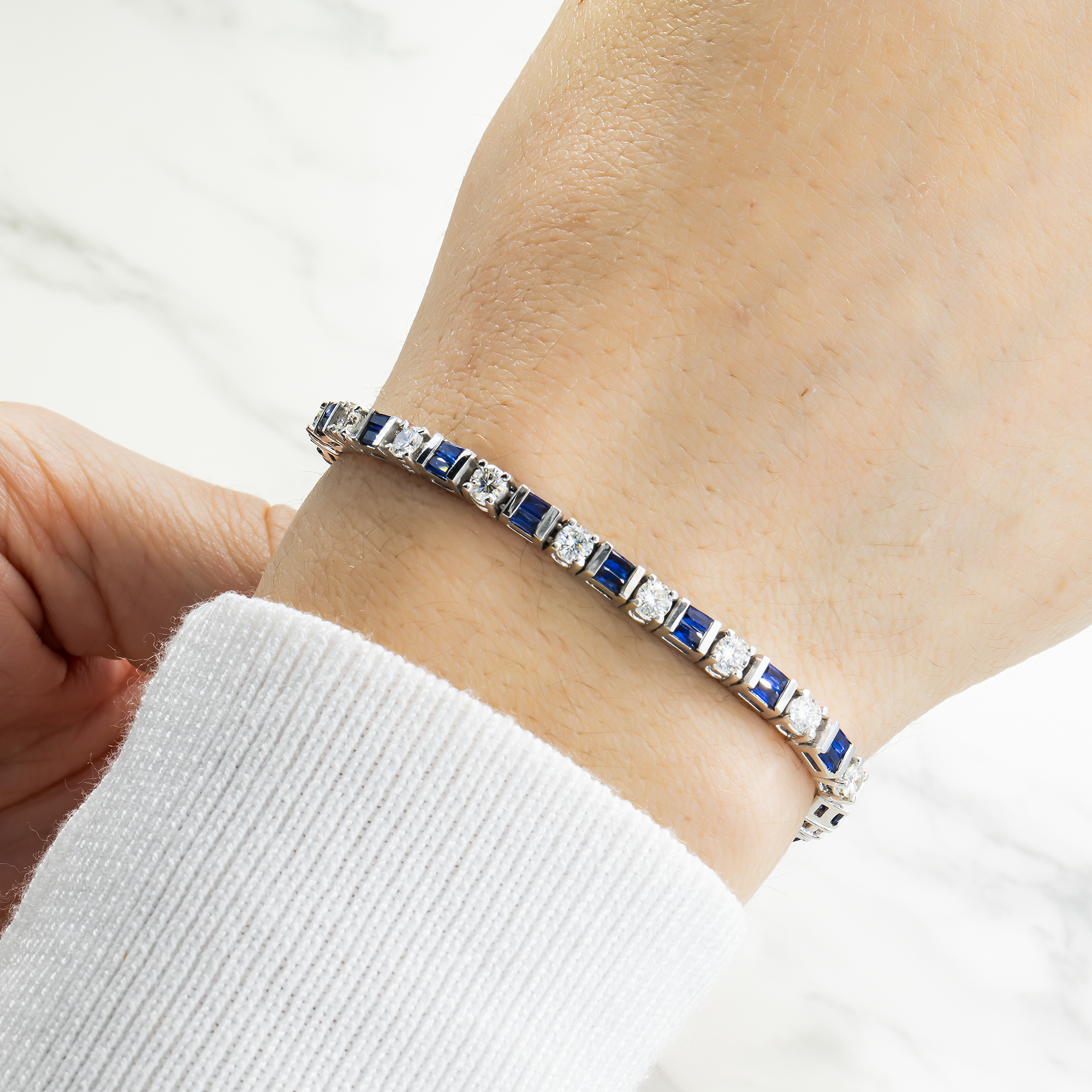 14K White Gold Baguette Cut Sapphire & Round Diamond Bracelet Bracelets