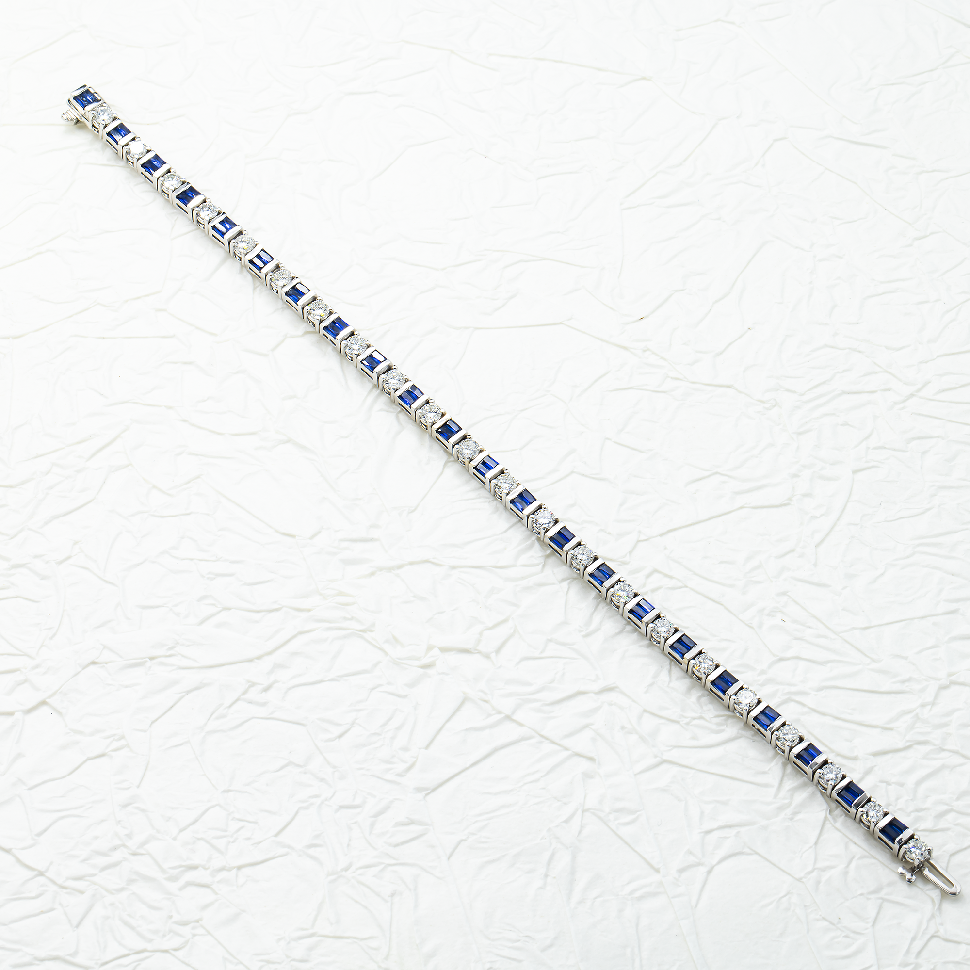 14K White Gold Baguette Cut Sapphire & Round Diamond Bracelet Bracelets