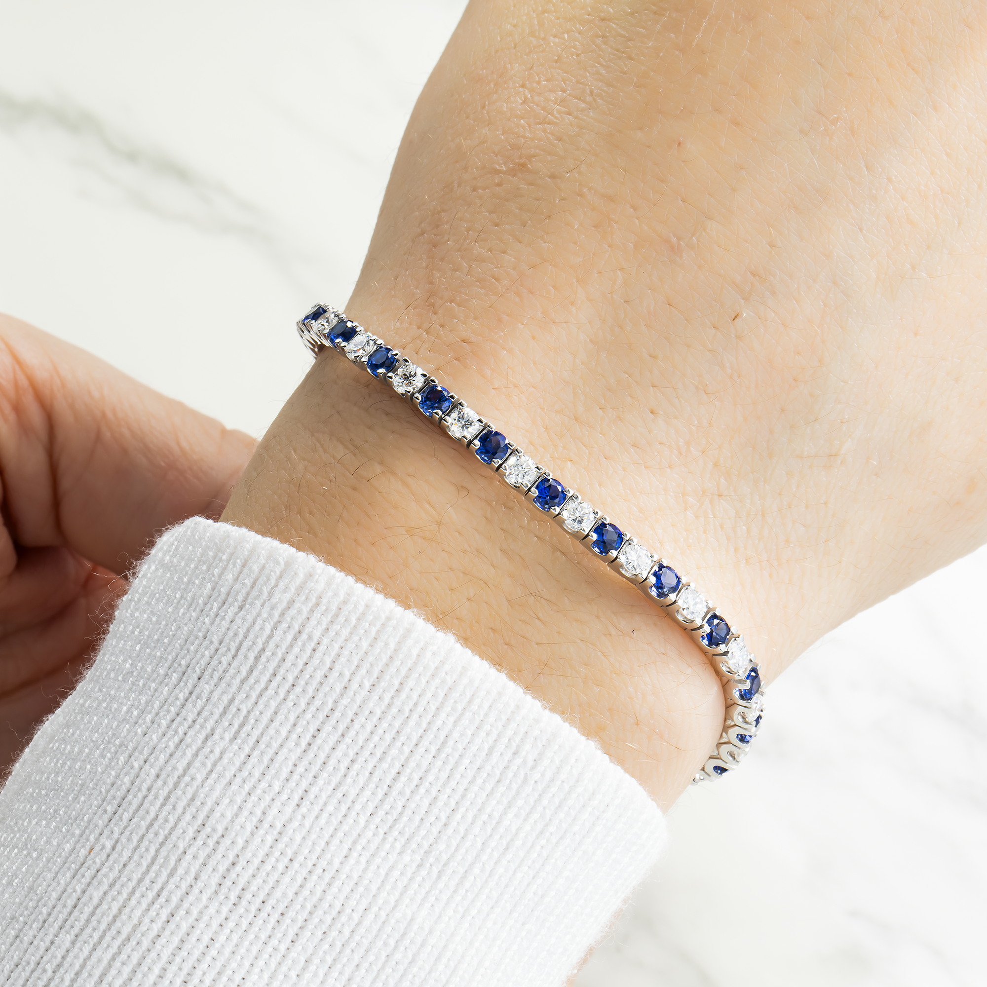 14K White Gold Round Cut Diamond & Sapphire Bracelet Bracelets