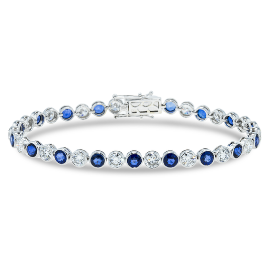 18K White Gold Round Sapphire & Diamond Bezel Set Bracelet