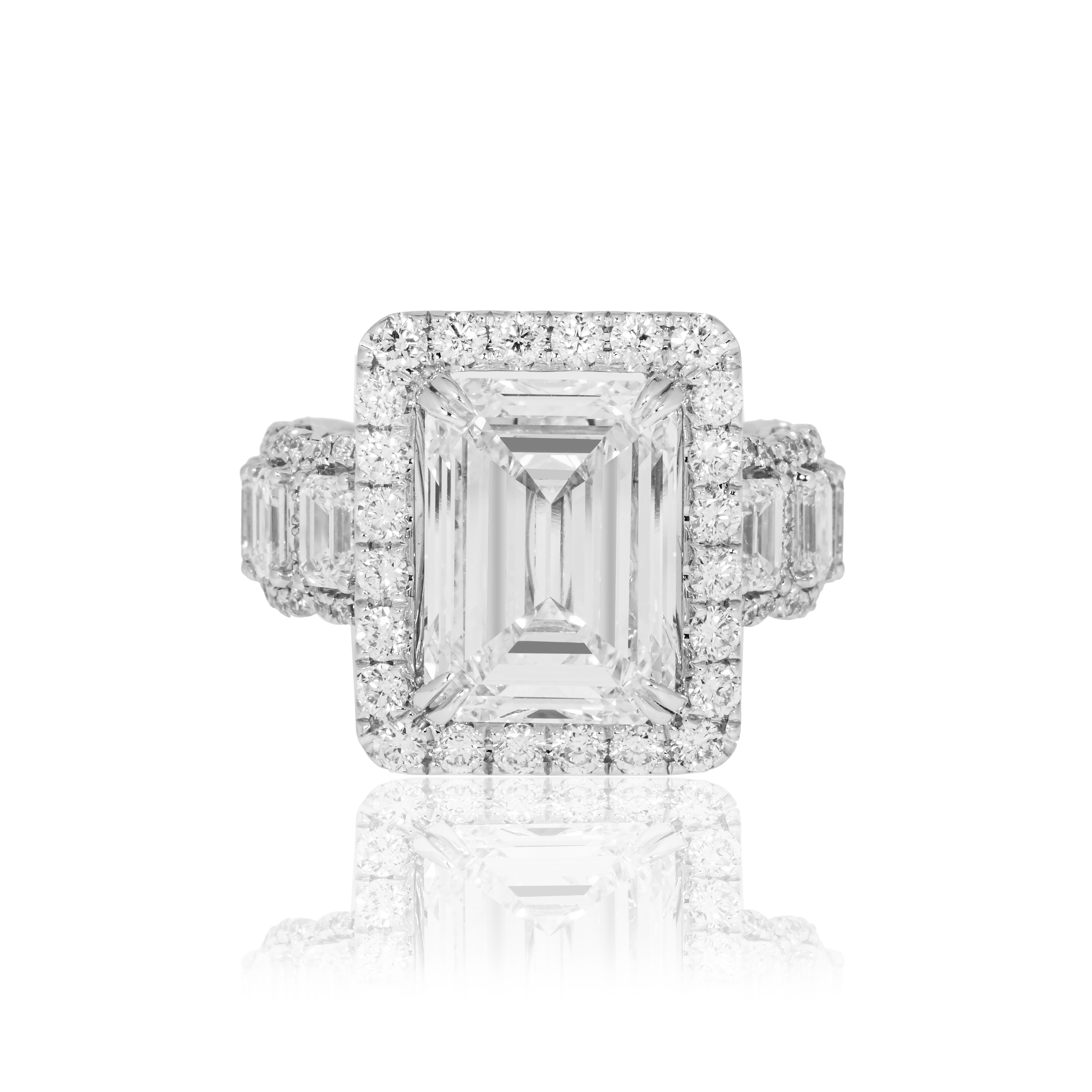 18K White Gold 7.58Ct Emerald Cut Diamond Engagement Ring 11.43Ctw Bridal