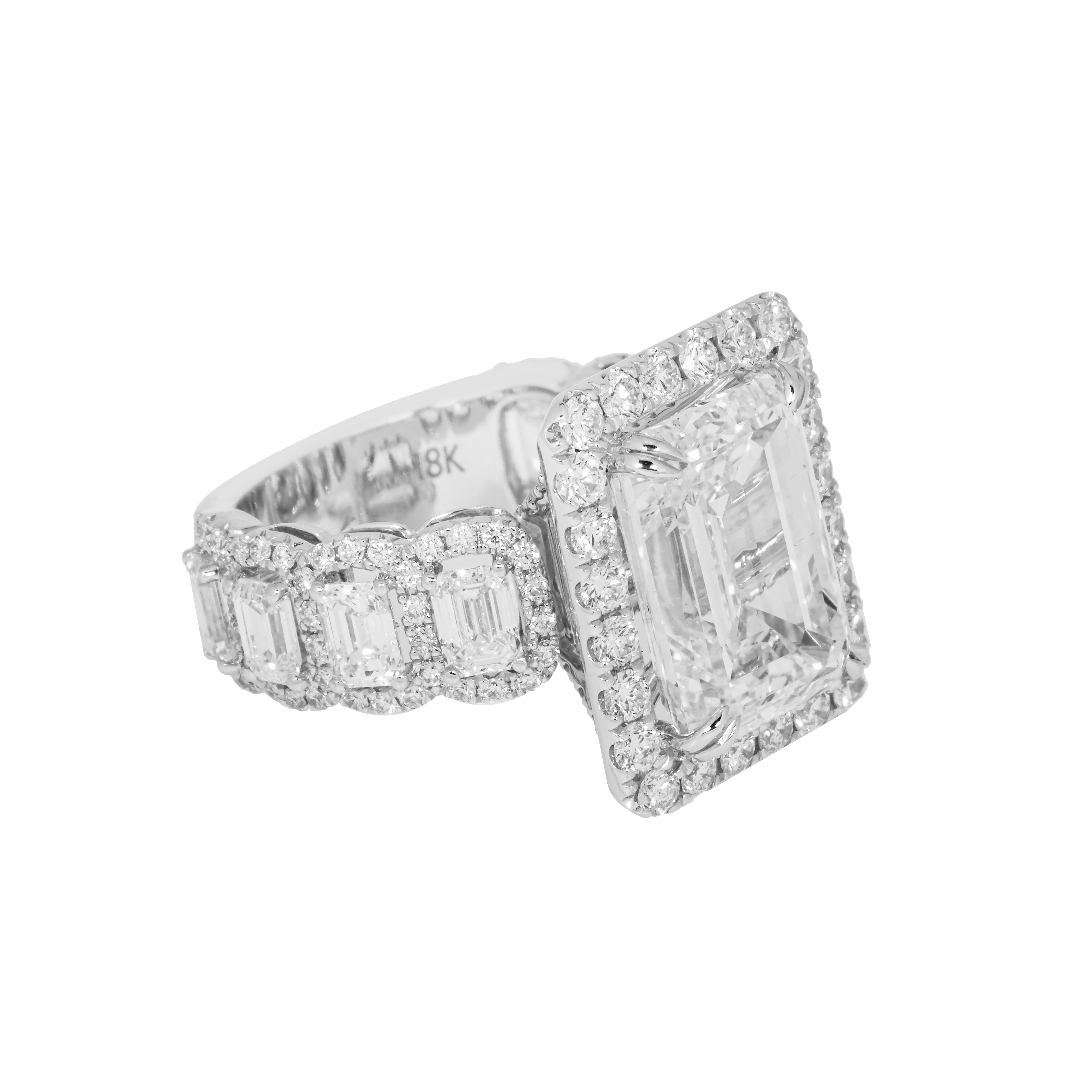18K White Gold 7.58Ct Emerald Cut Diamond Engagement Ring 11.43Ctw Bridal