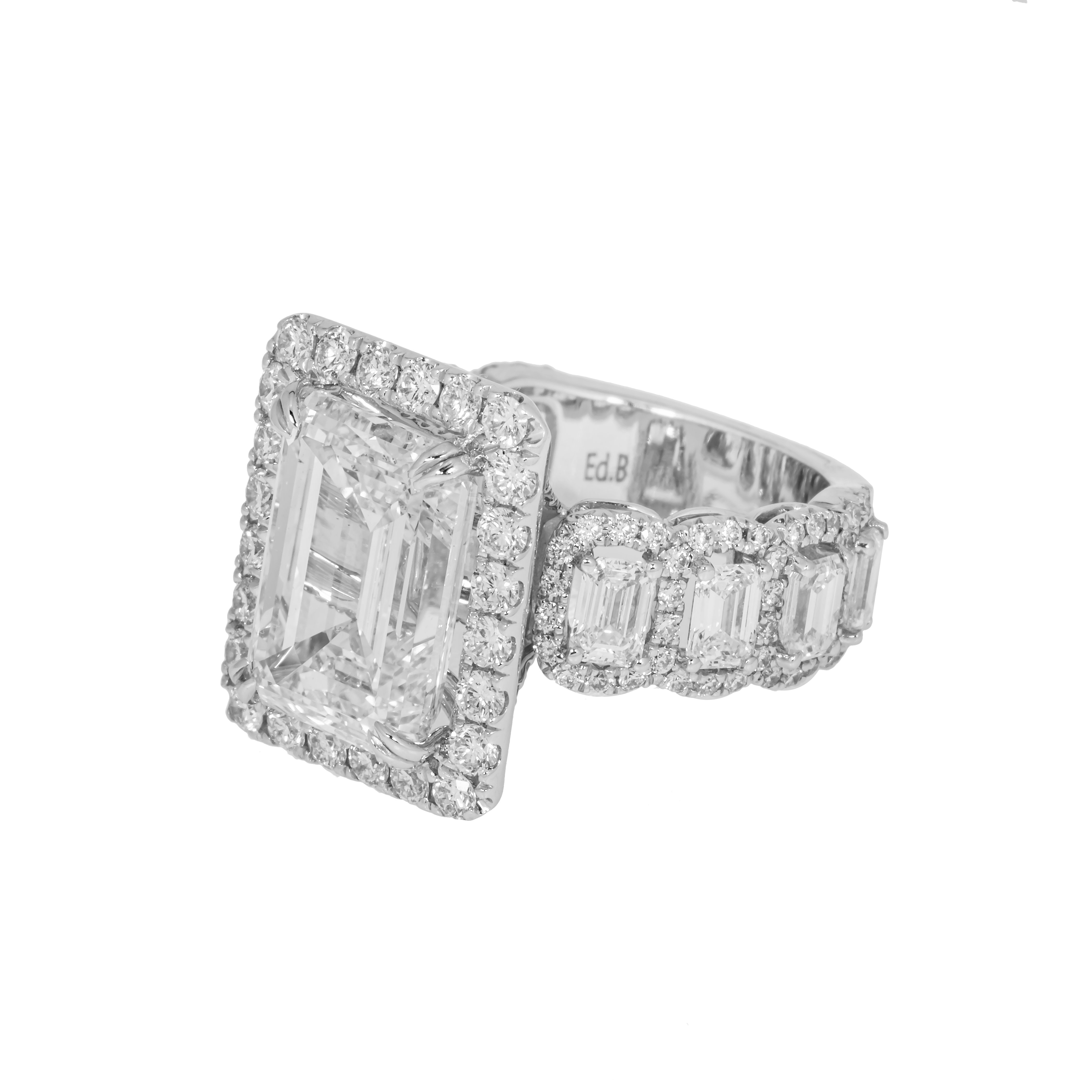 18K White Gold 7.58Ct Emerald Cut Diamond Engagement Ring 11.43Ctw Bridal