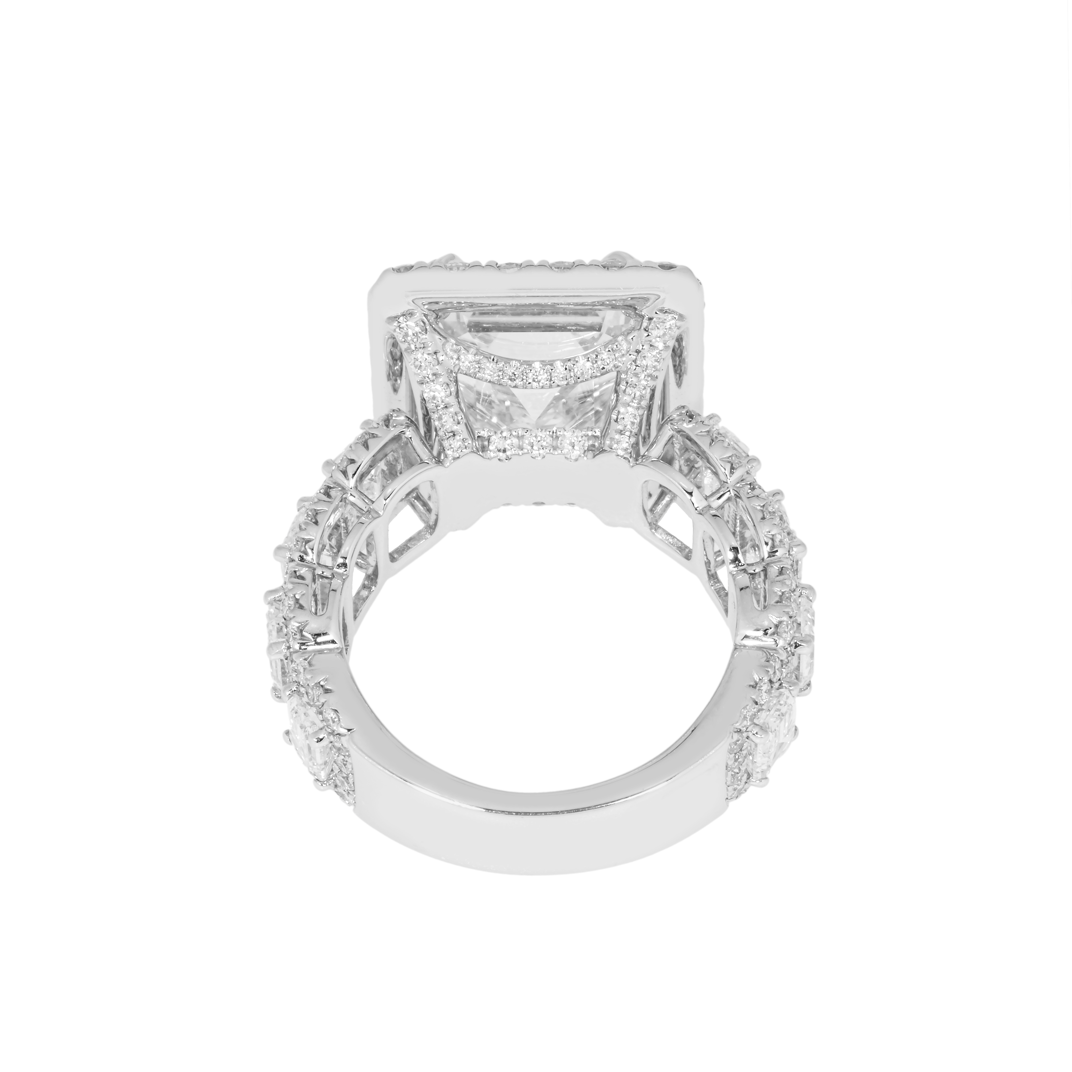 18K White Gold 7.58Ct Emerald Cut Diamond Engagement Ring 11.43Ctw Bridal