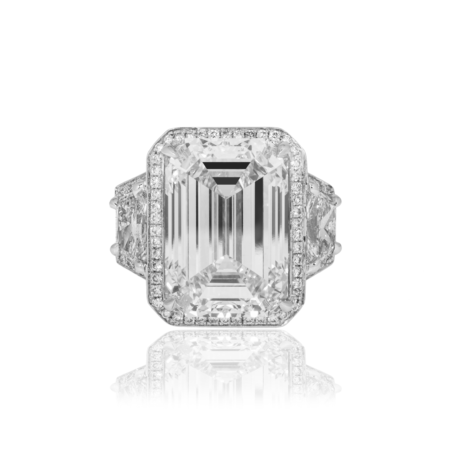 Platinum 12.32ct Emerald Cut Triple Diamond Engagement Ring 15.31ctw