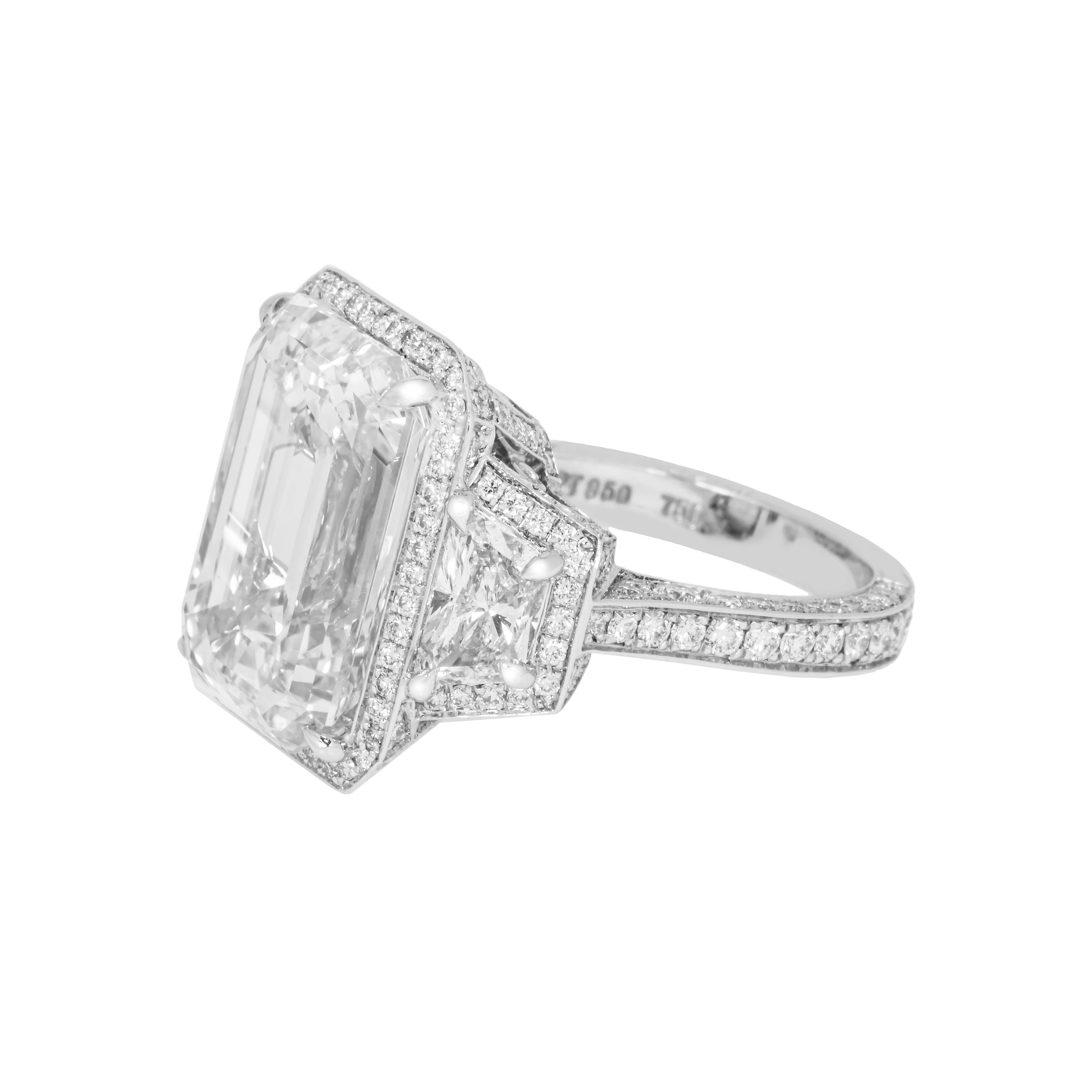 Platinum 12.32Ct Emerald Cut Triple Diamond Engagement Ring 15.31Ctw Bridal