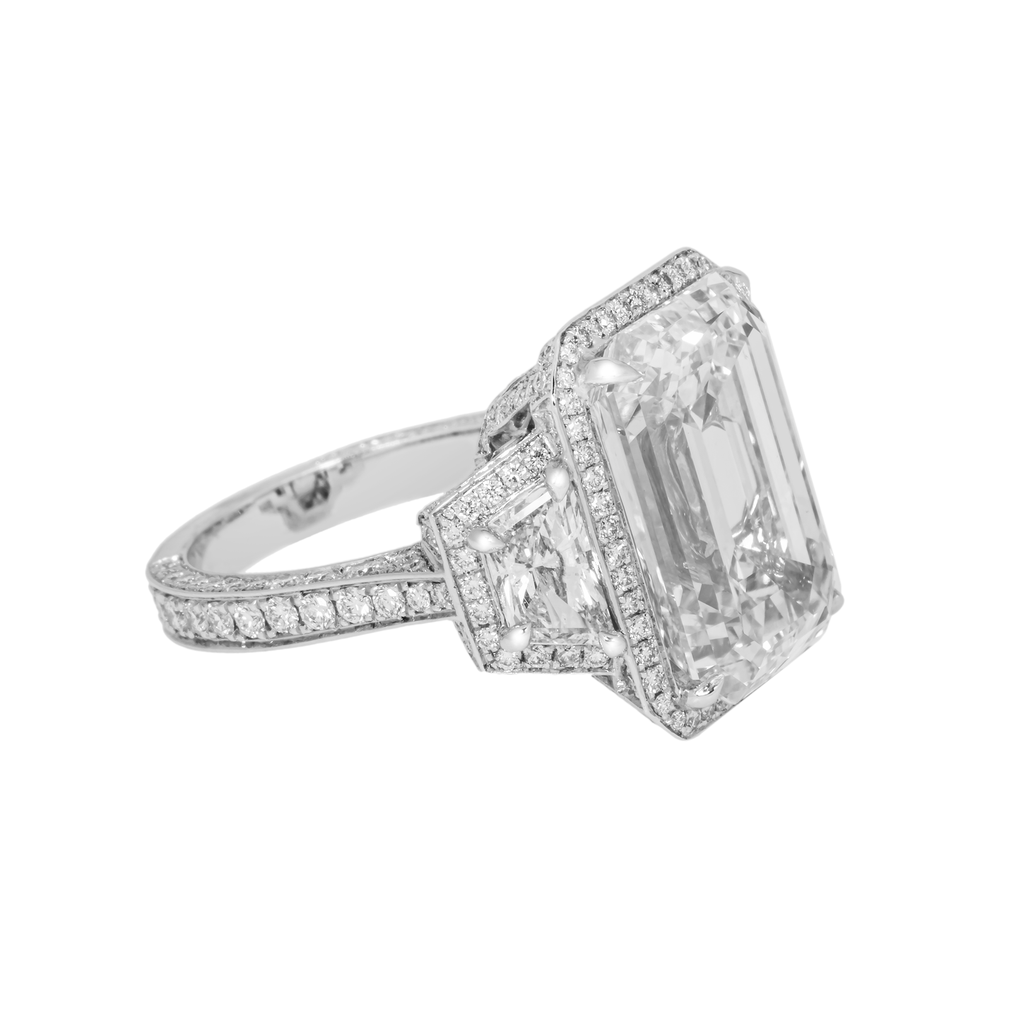 Platinum 12.32ct Emerald Cut Triple Diamond Engagement Ring 15.31ctw