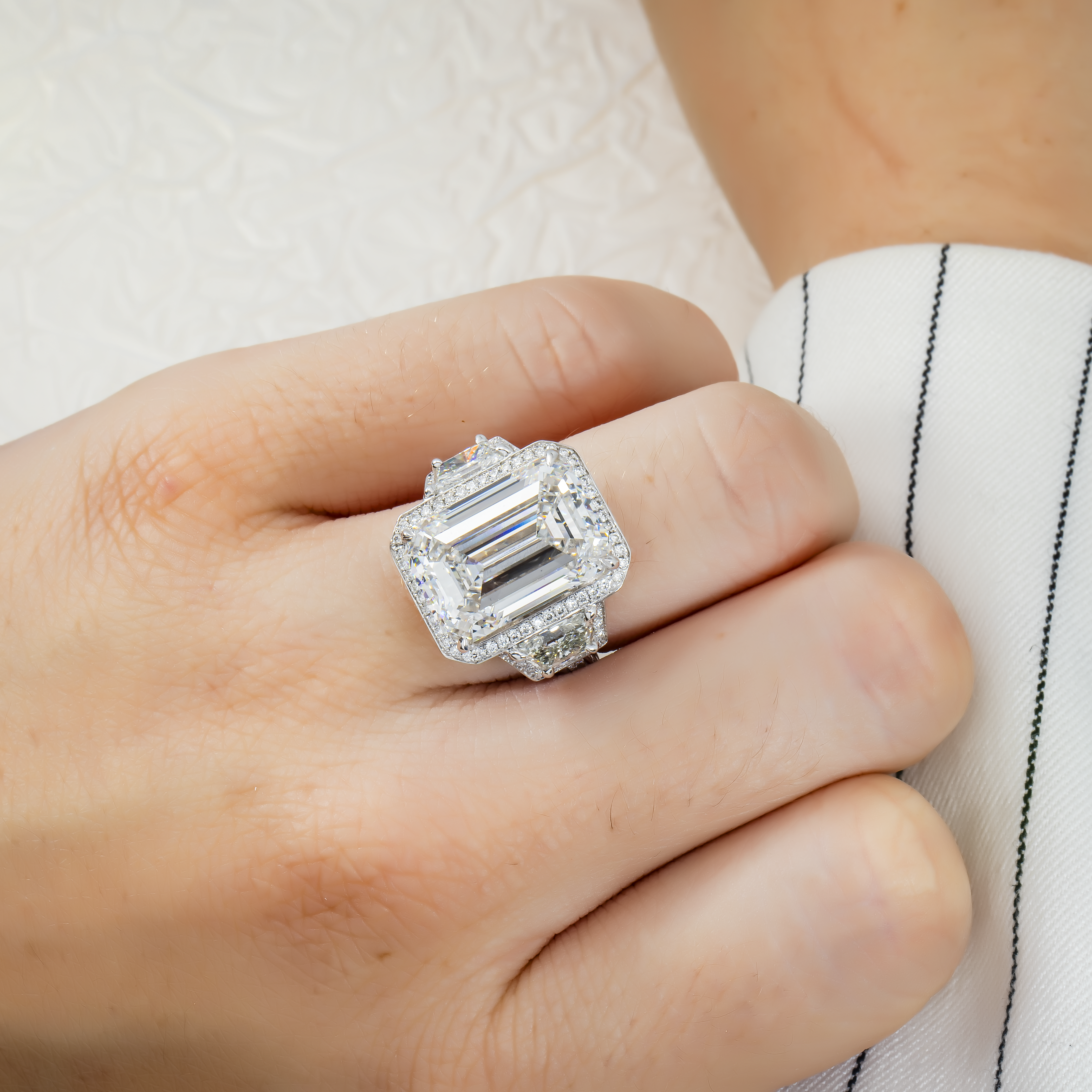 Platinum 12.32Ct Emerald Cut Triple Diamond Engagement Ring 15.31Ctw Bridal
