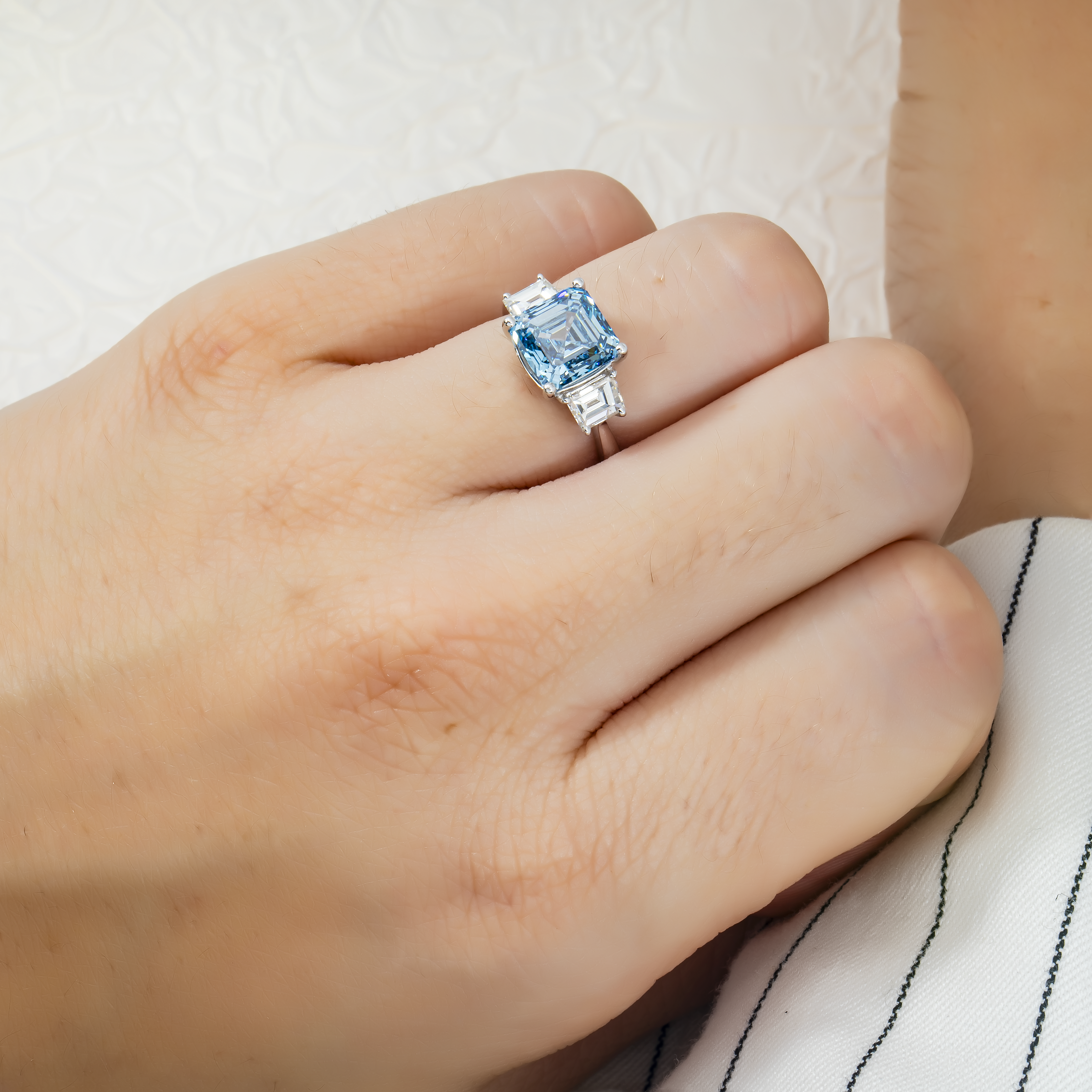 Platinum 3.0Ct Fancy Vivid Blue Asscher Cut Diamond Engagement Ring 3.62Ctw Bridal