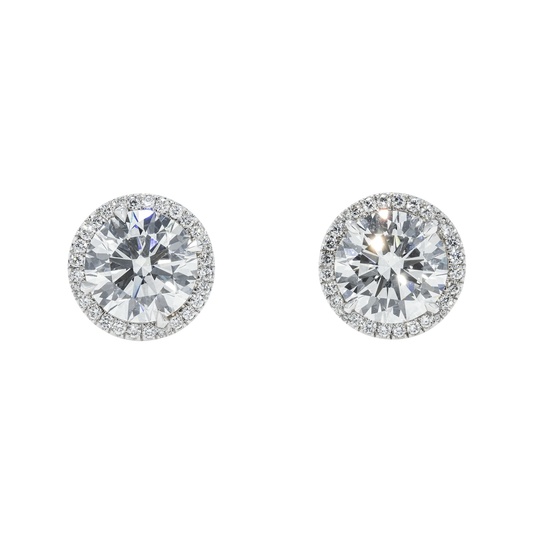 18K White Gold 5ct Each Round Diamond Stud Earrings W/ Halo 10.55ctw