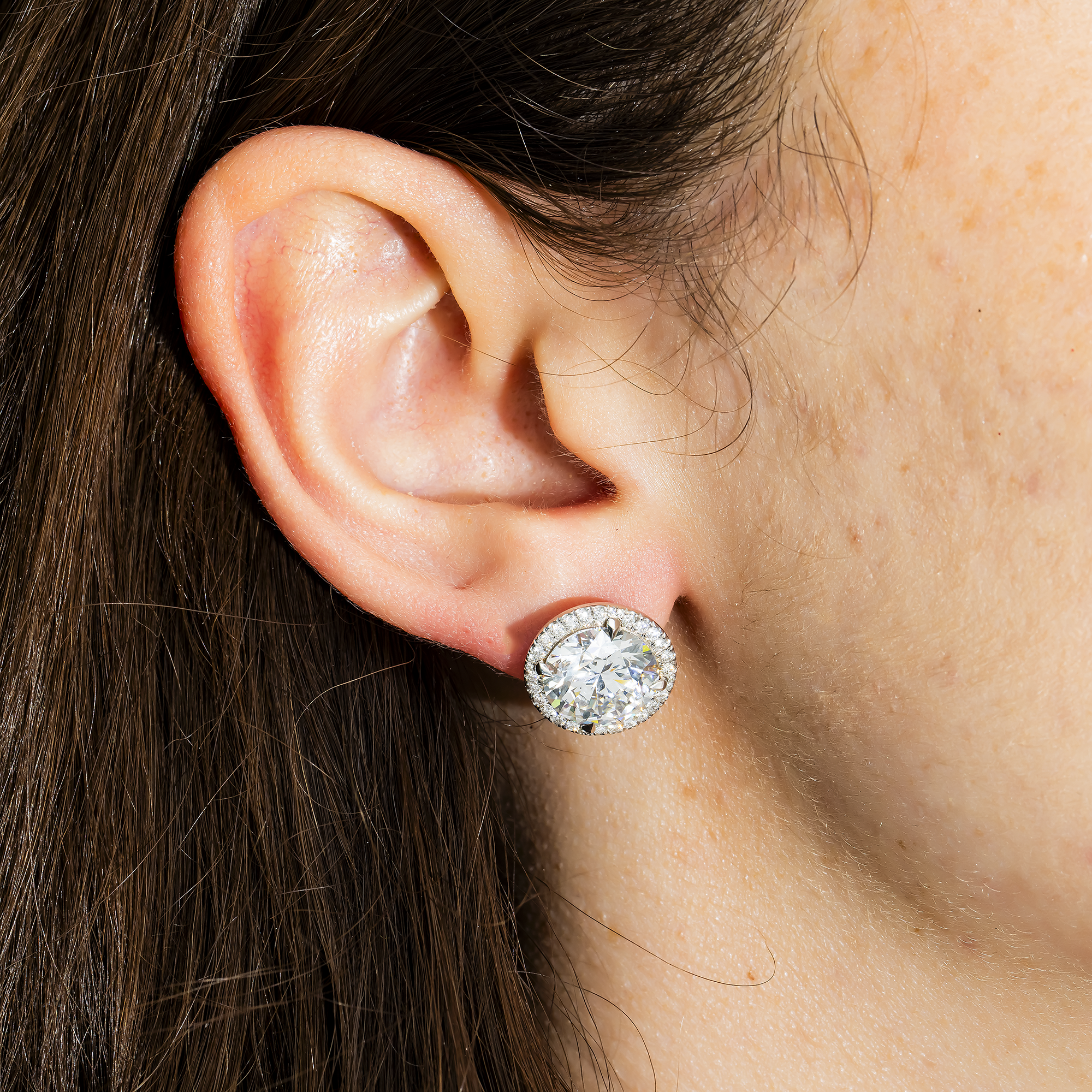18K White Gold 5Ct Each Round Diamond Stud Earrings W/ Halo 10.55Ctw