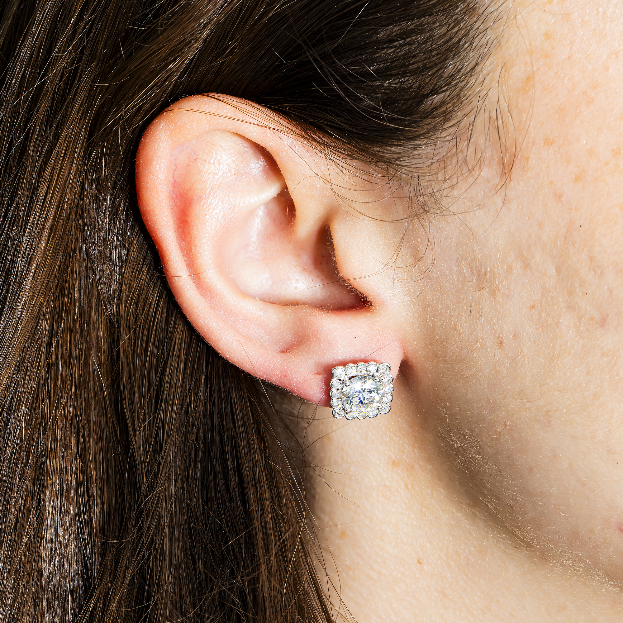 18K White Gold Solitaire Round Diamond Stud Earrings W/ Halo 3.81Ct